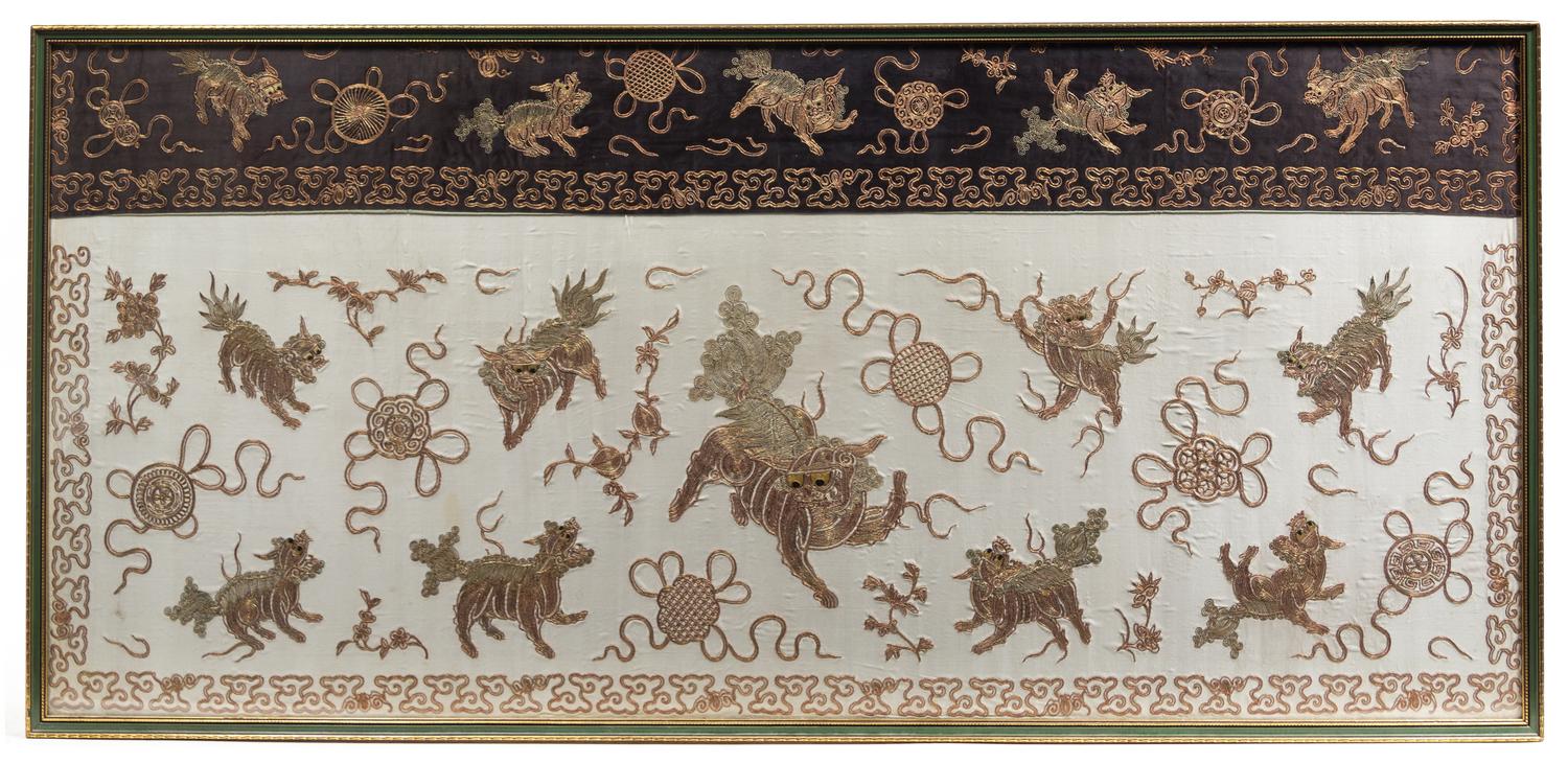 An Embroidered Silk Panel 33 1/2 x 74 inches.