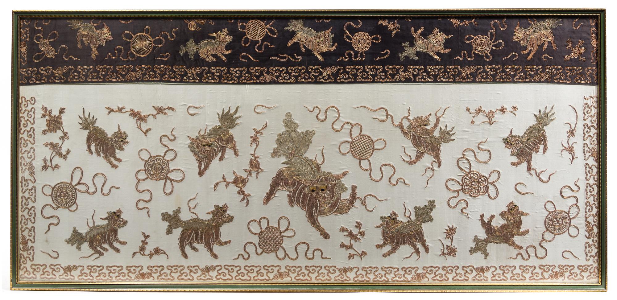 An Embroidered Silk Panel 33 1/2 x 74 inches.