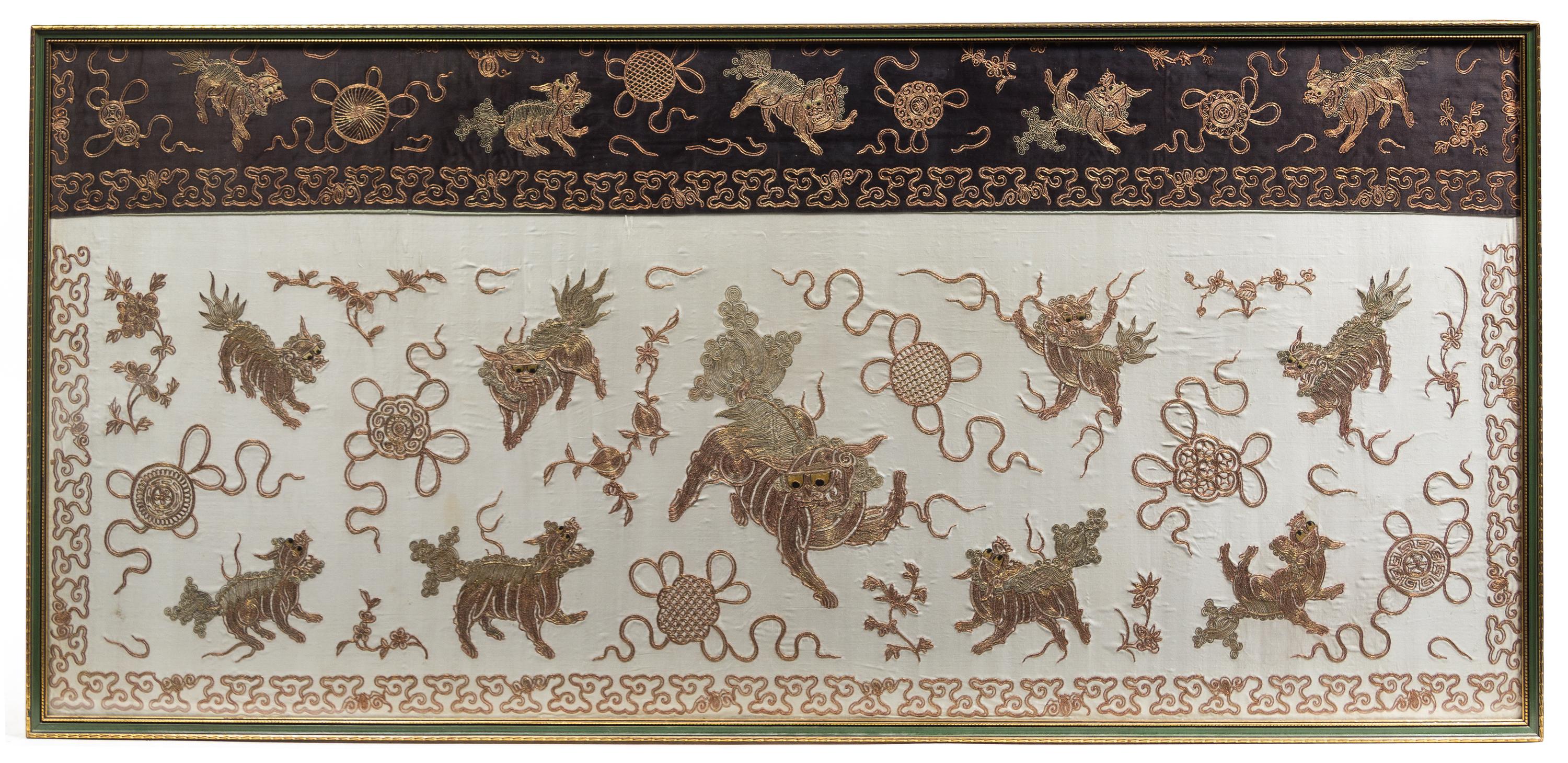 An Embroidered Silk Panel 33 1/2 x 74 inches.