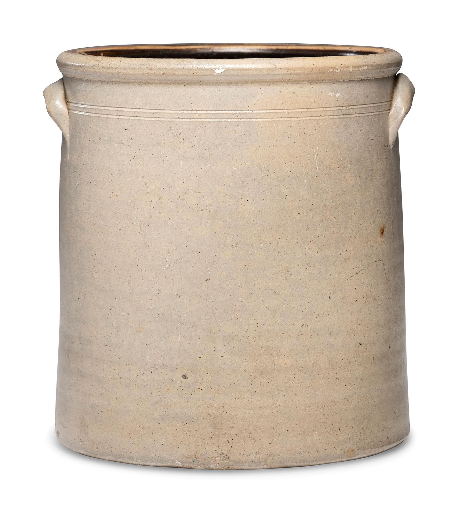 An R.J. Thomas Five-Gallon Script Stoneware Dispenser with Spigot