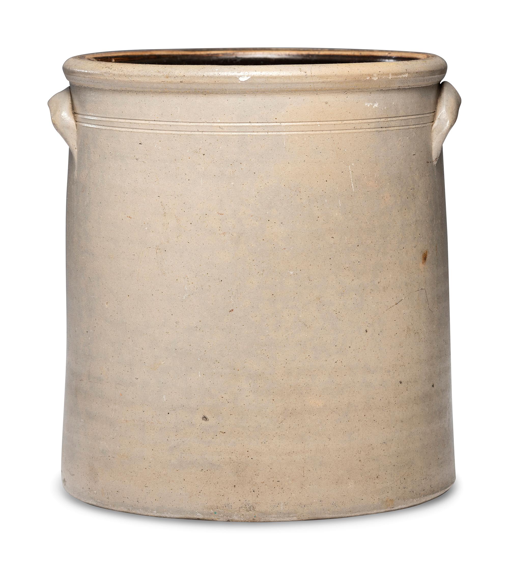 An R.J. Thomas Five-Gallon Script Stoneware Dispenser with Spigot