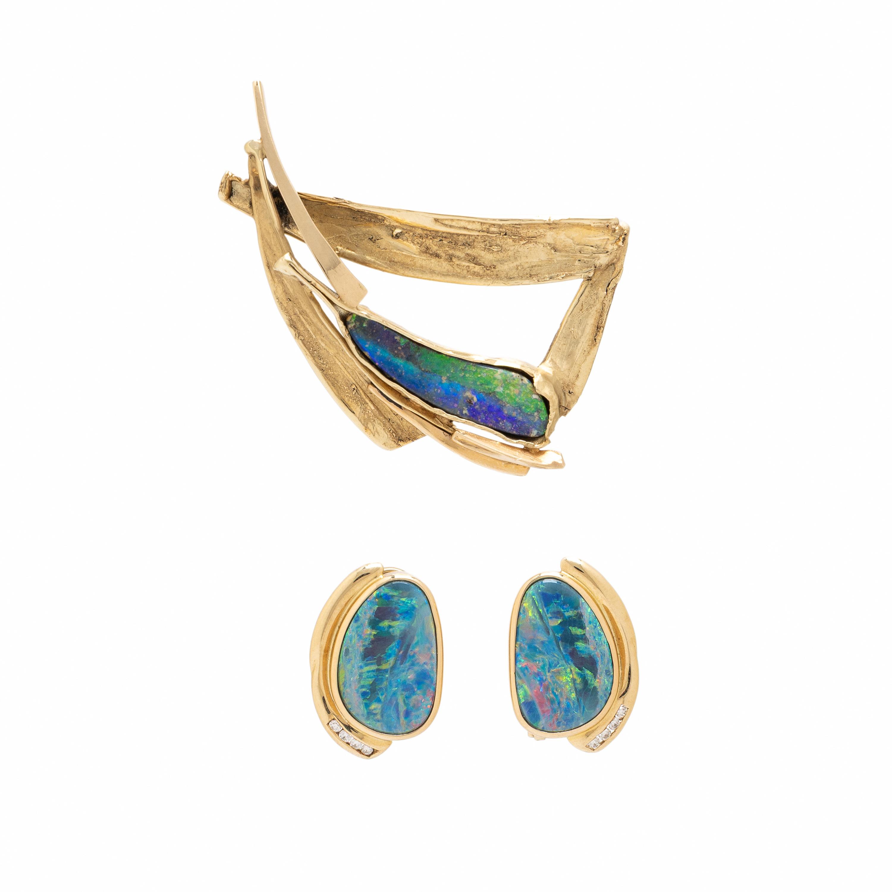 Yellow Gold, Opal, and Diamond Earrings and Brooch