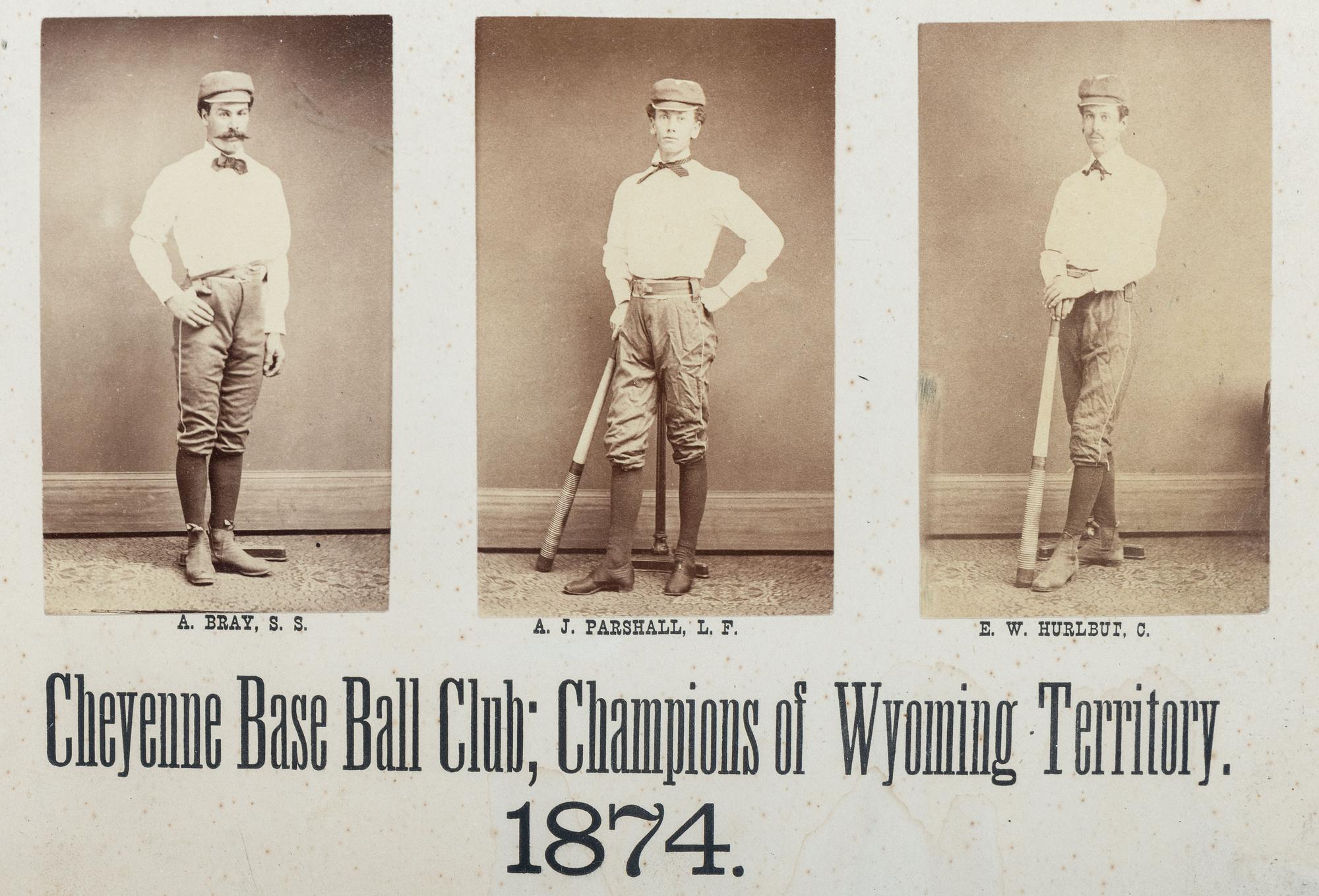 [SPORTS - EARLY PHOTOGRAPHY]. Albumen photograph display of the Cheyenne Base Ball Club; Champions of Wyoming Territory. 1874.
