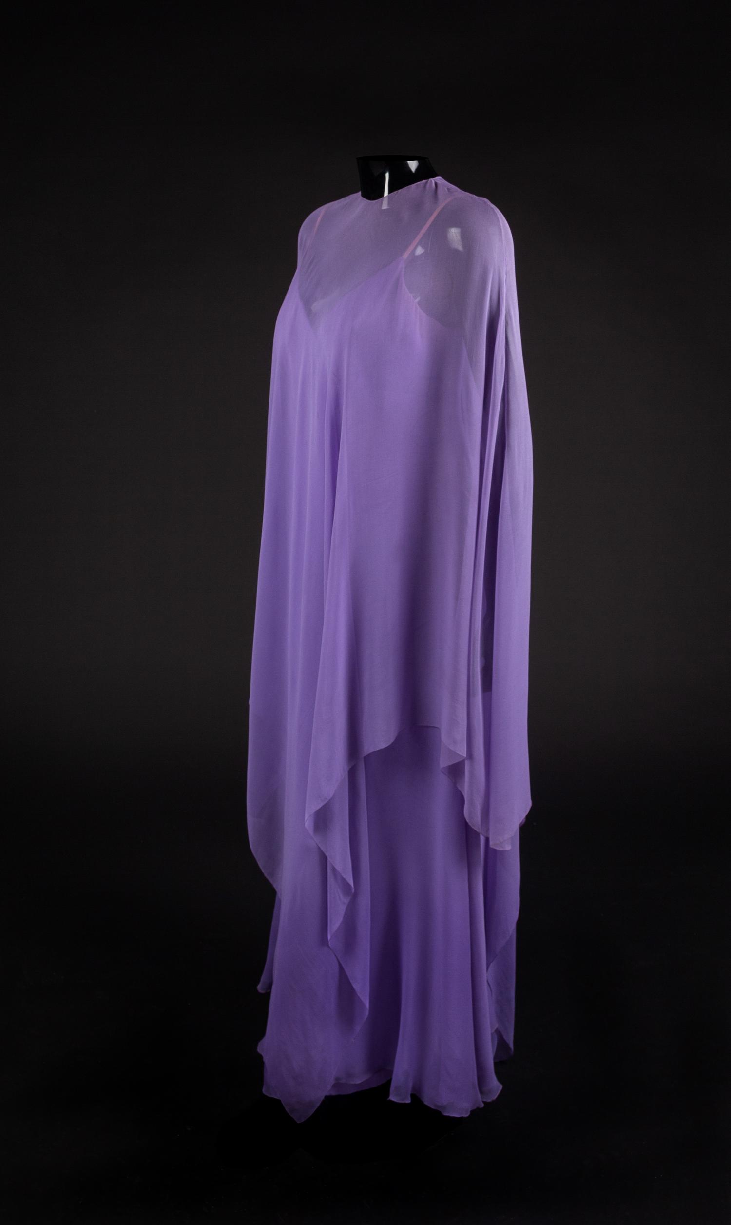 Dress and Cape, 1977. Designed by Edith Head, made by Western Costume Company in Los Angeles — Worn by Olivia de Havilland for the American Film Institute tribute to Bette Davis in 1977.