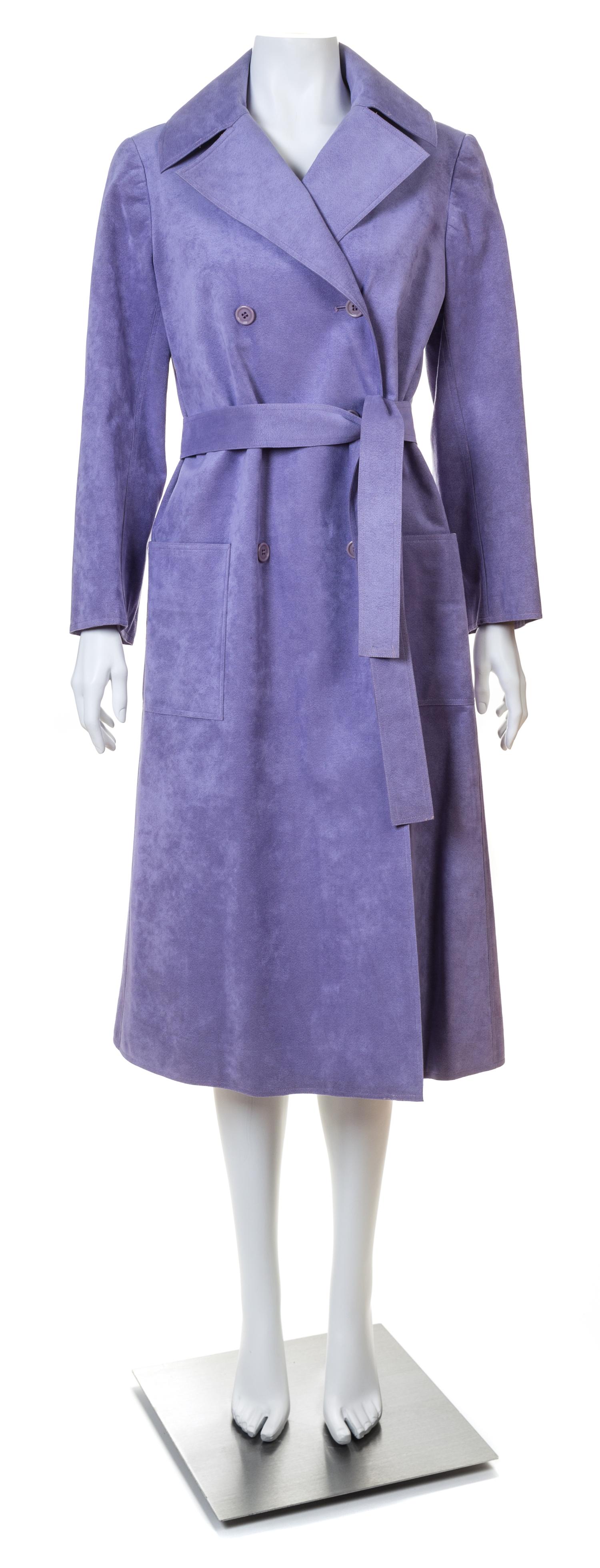 A Halston Lavender Ultra Suede Double Breasted Coat, Size 6; Belt: 62.5" x 1.75".