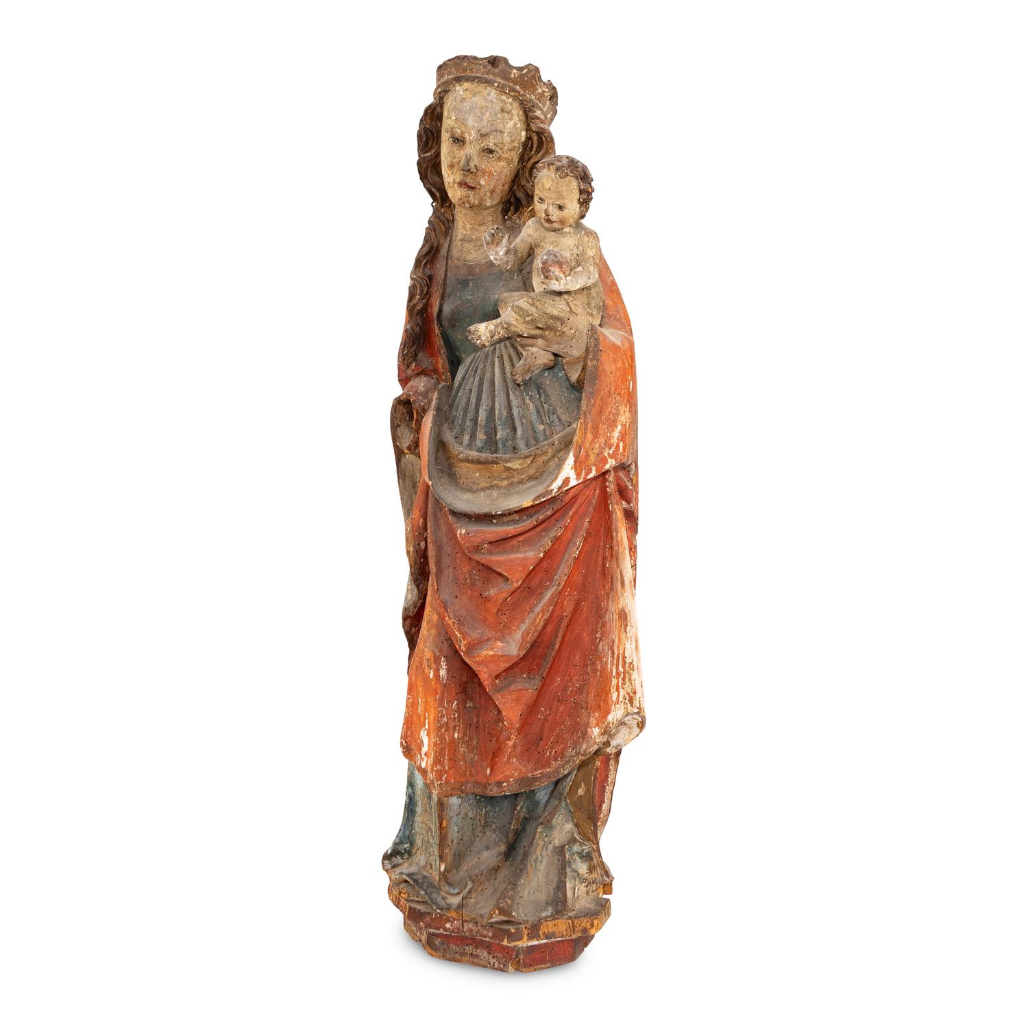 A Continental Carved and Polychrome Decorated Figural Group of the Virgin and Child