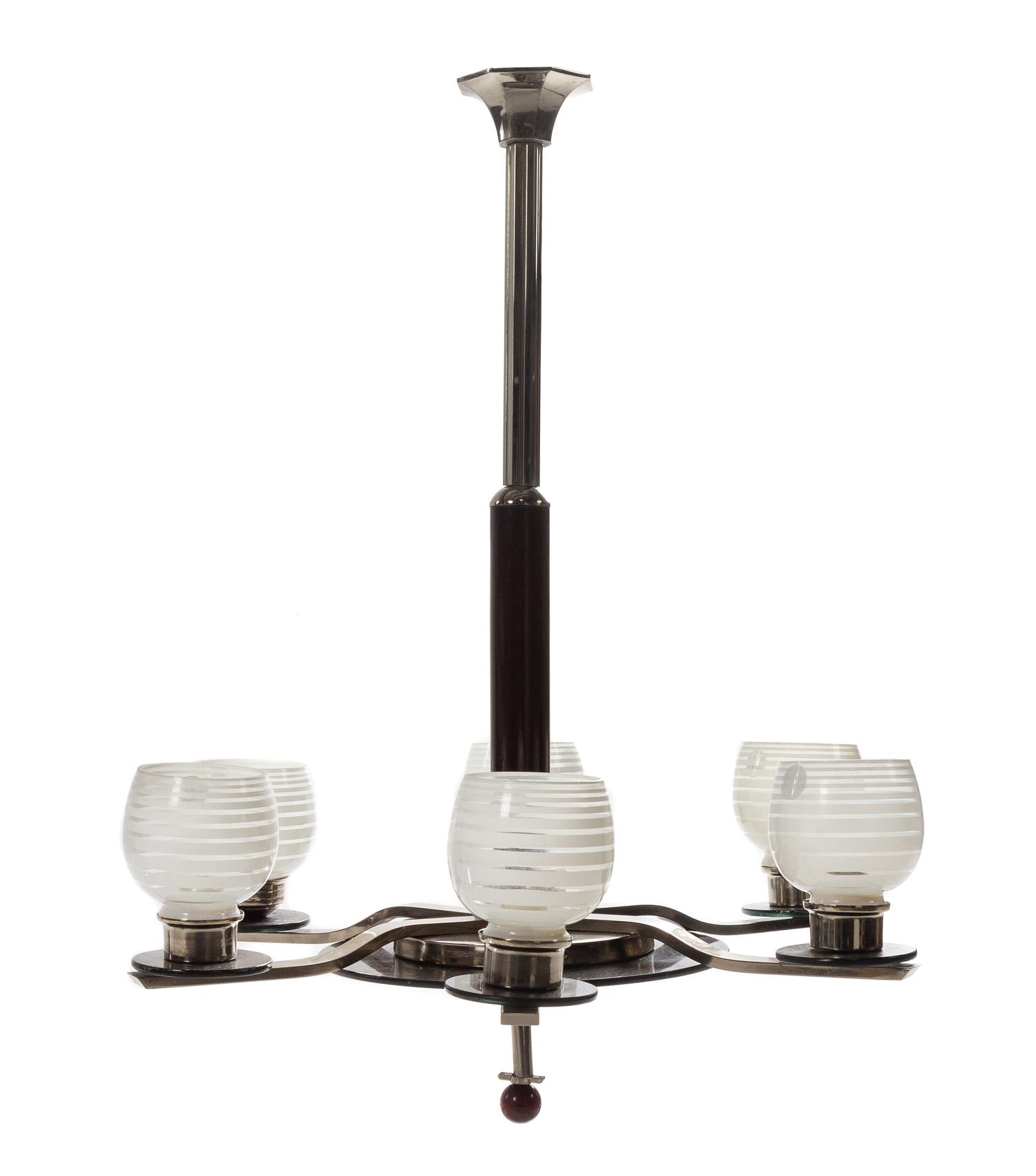 An Art Deco Six-Light Chrome, Wood and Opaline Glass Chandelier Height 31 1/2 x diameter 24 1/2 inches