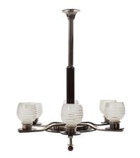 An Art Deco Six-Light Chrome, Wood and Opaline Glass Chandelier Height 31 1/2 x diameter 24 1/2 inches