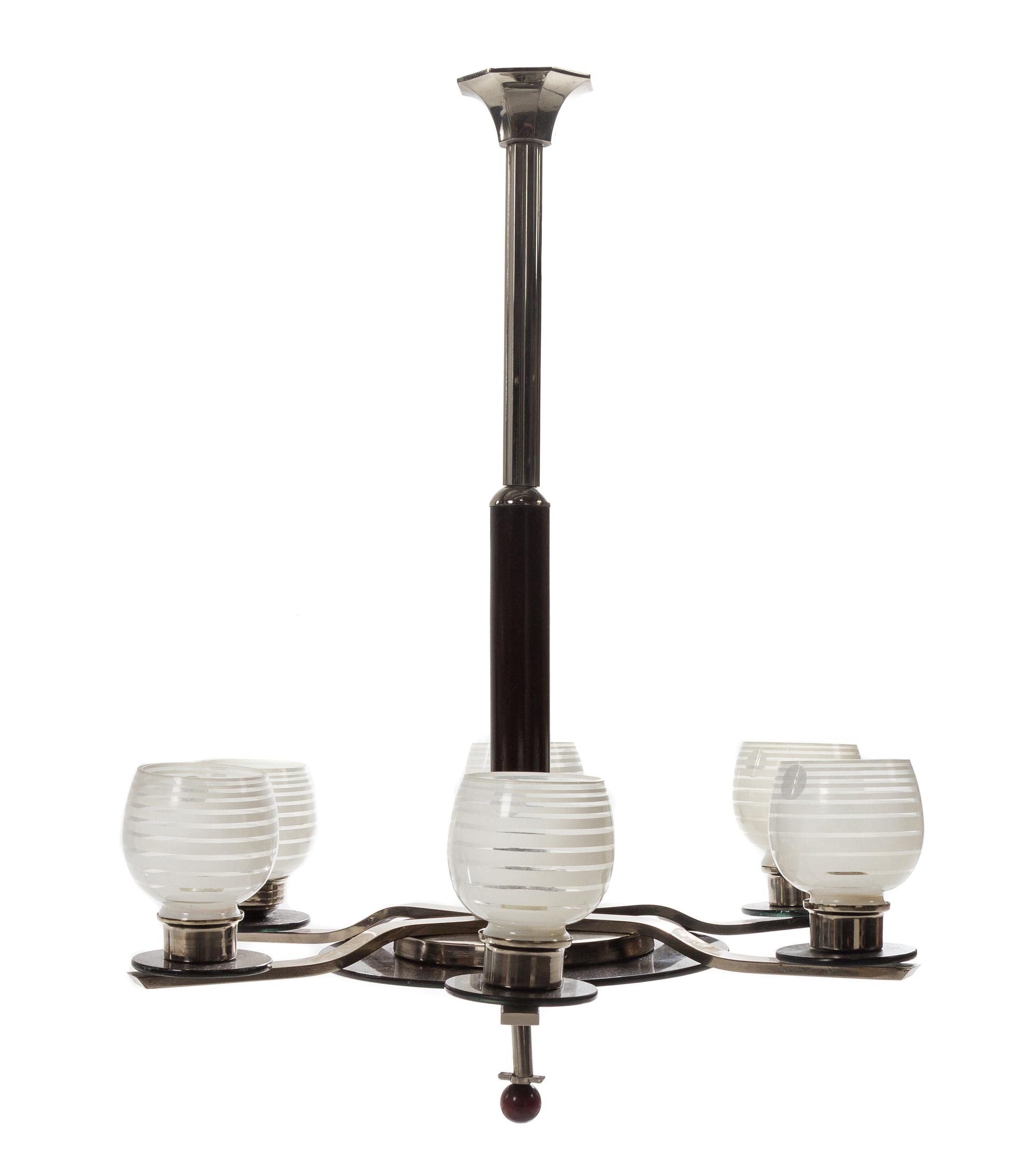 An Art Deco Six-Light Chrome, Wood and Opaline Glass Chandelier Height 31 1/2 x diameter 24 1/2 inches