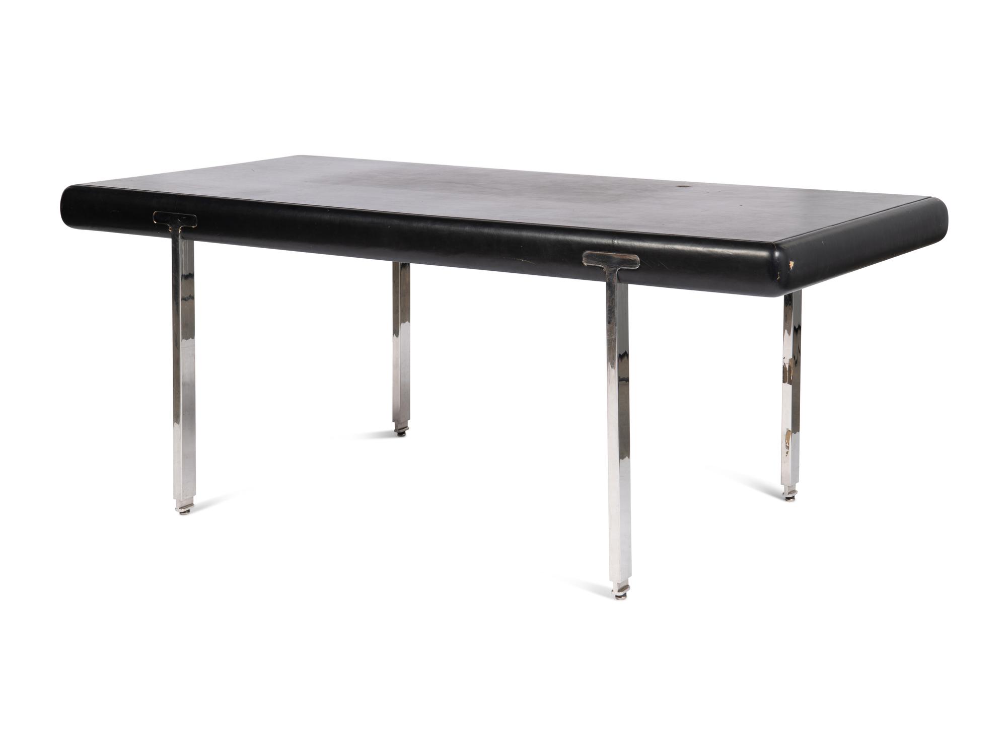 A Black Leather and Steel Mounted Desk