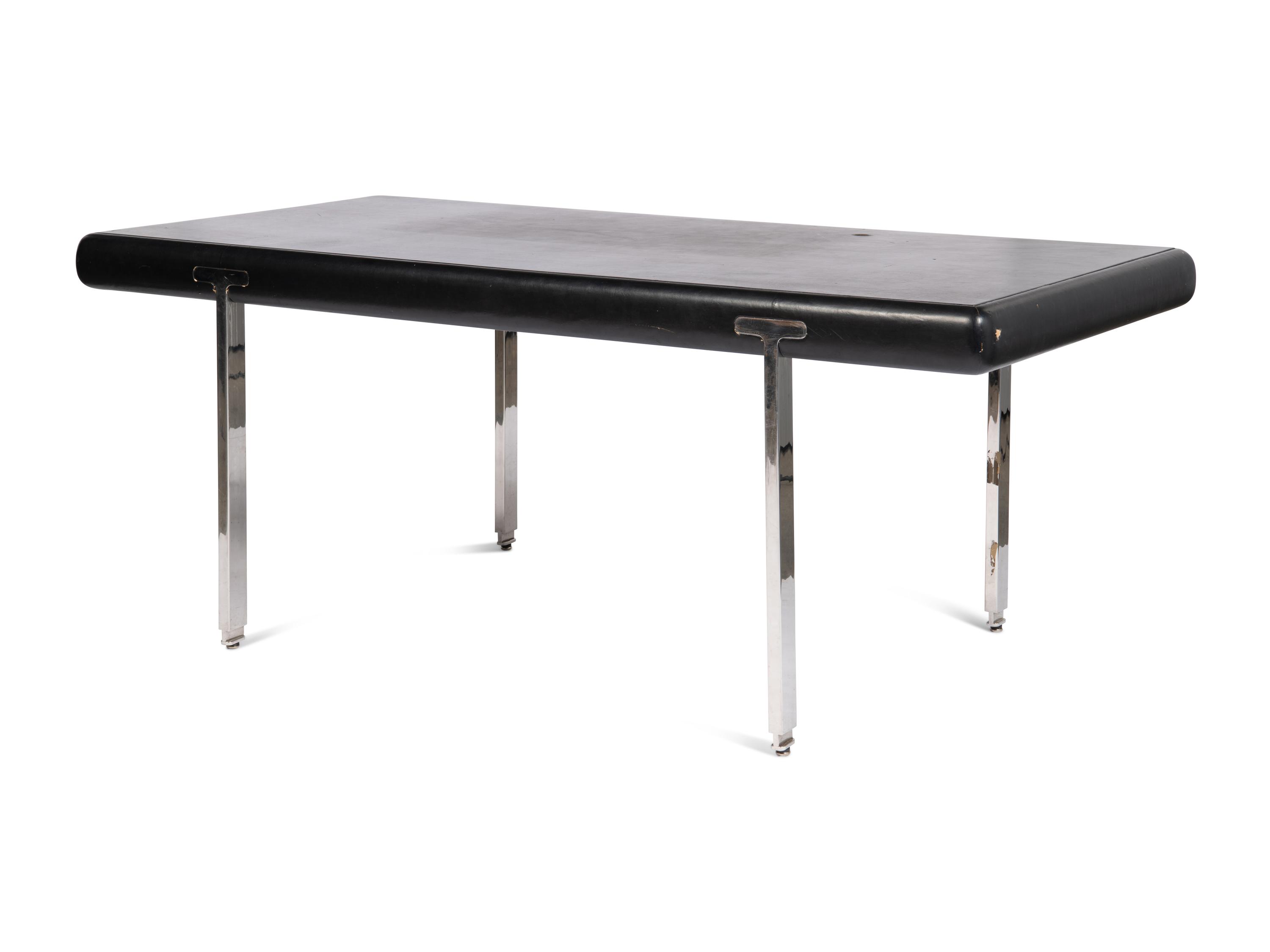 A Black Leather and Steel Mounted Desk
