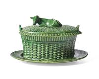 An English Green Glazed Creamware Covered Butter Dish and Stand