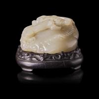 A Chinese Carved Greyish-White Jade Mythical Beasts Group 灰白玉太獅少獅