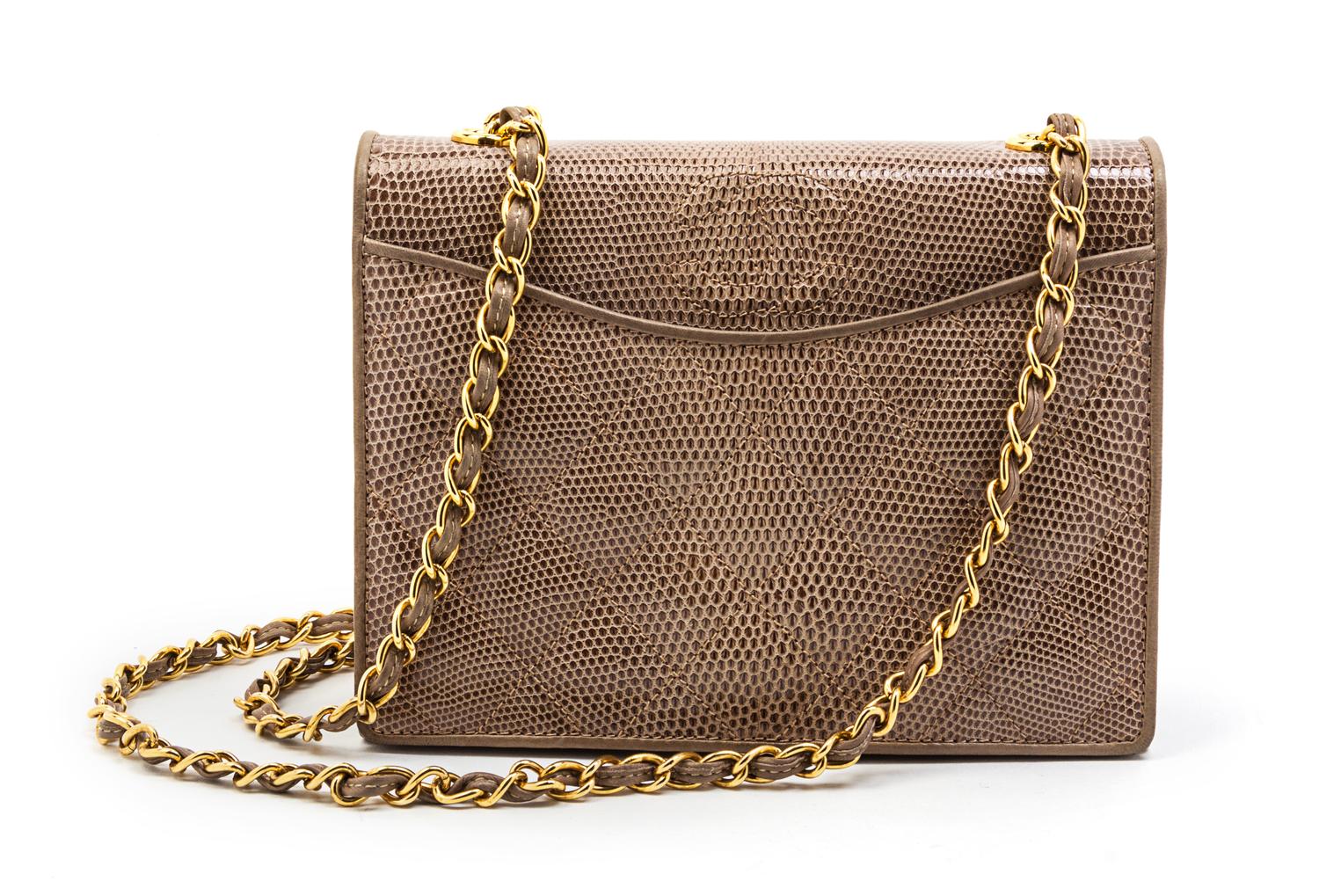 A Chanel Taupe Quilted Lizardskin Flap Bag, 7 1/2 x 6 x 3 inches.