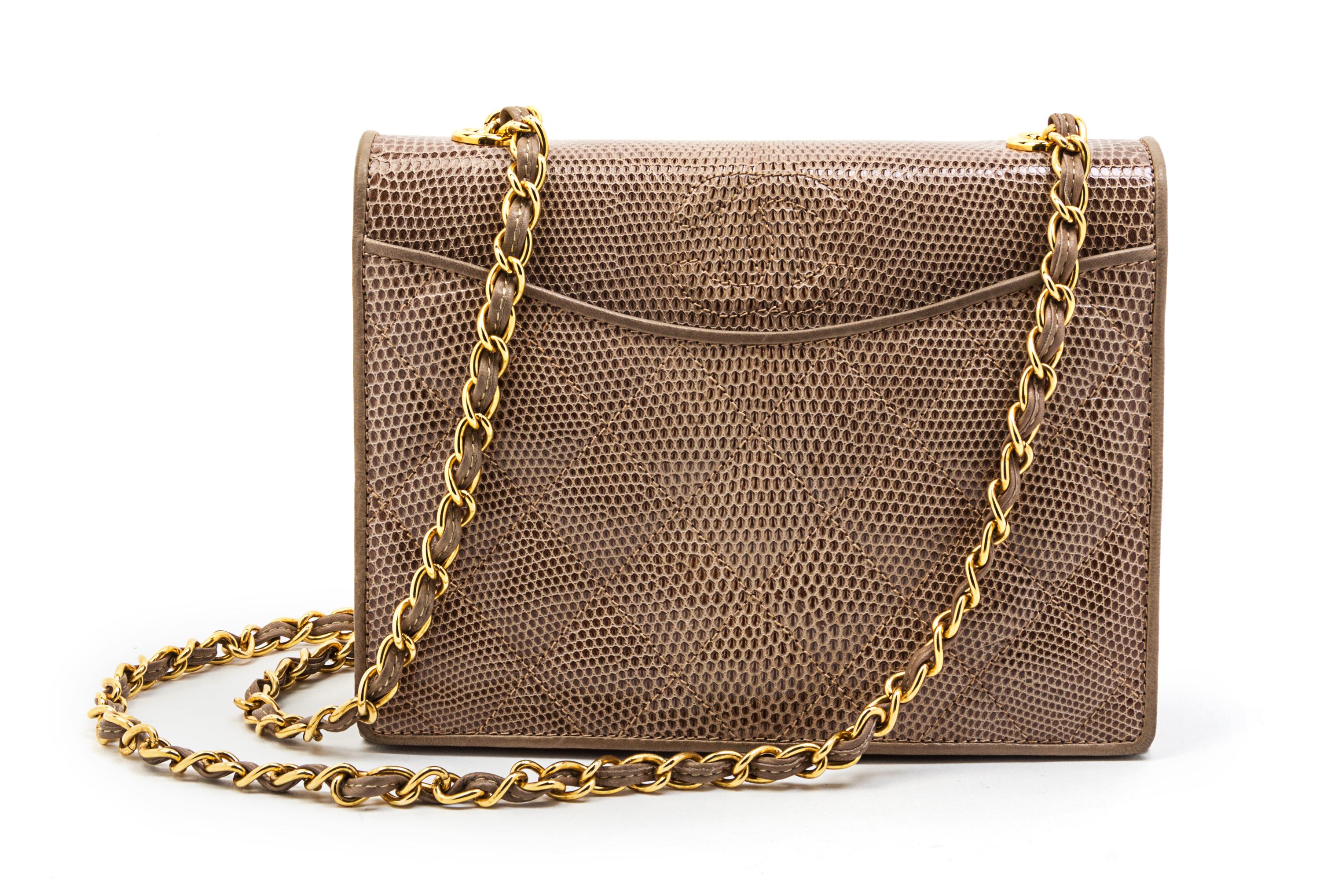 A Chanel Taupe Quilted Lizardskin Flap Bag, 7 1/2 x 6 x 3 inches.