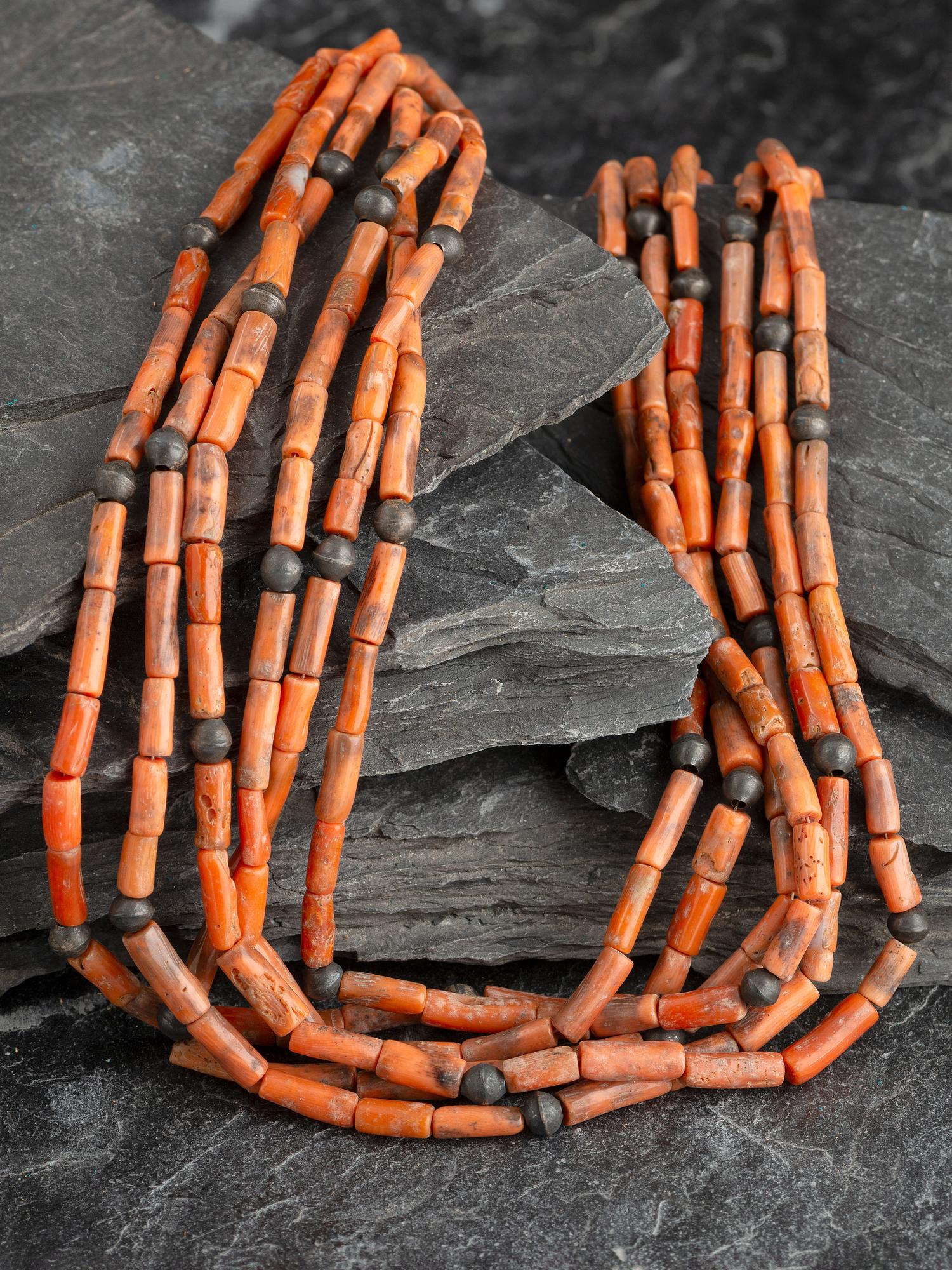 Pueblo Six-strand Coral Necklace with Silver Bead Accents