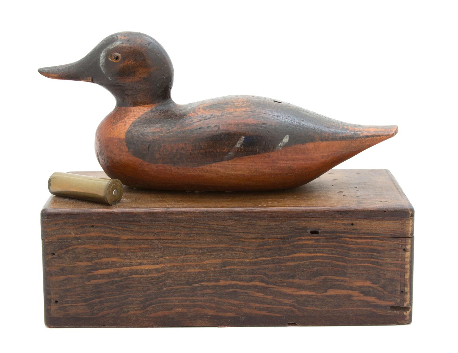 A Carved and Painted Wood Duck Mounted on a Cedar Lined Hinged Top Box Height 9 1/2 x width 12 x depth 6 inches. — 20TH CENTURY