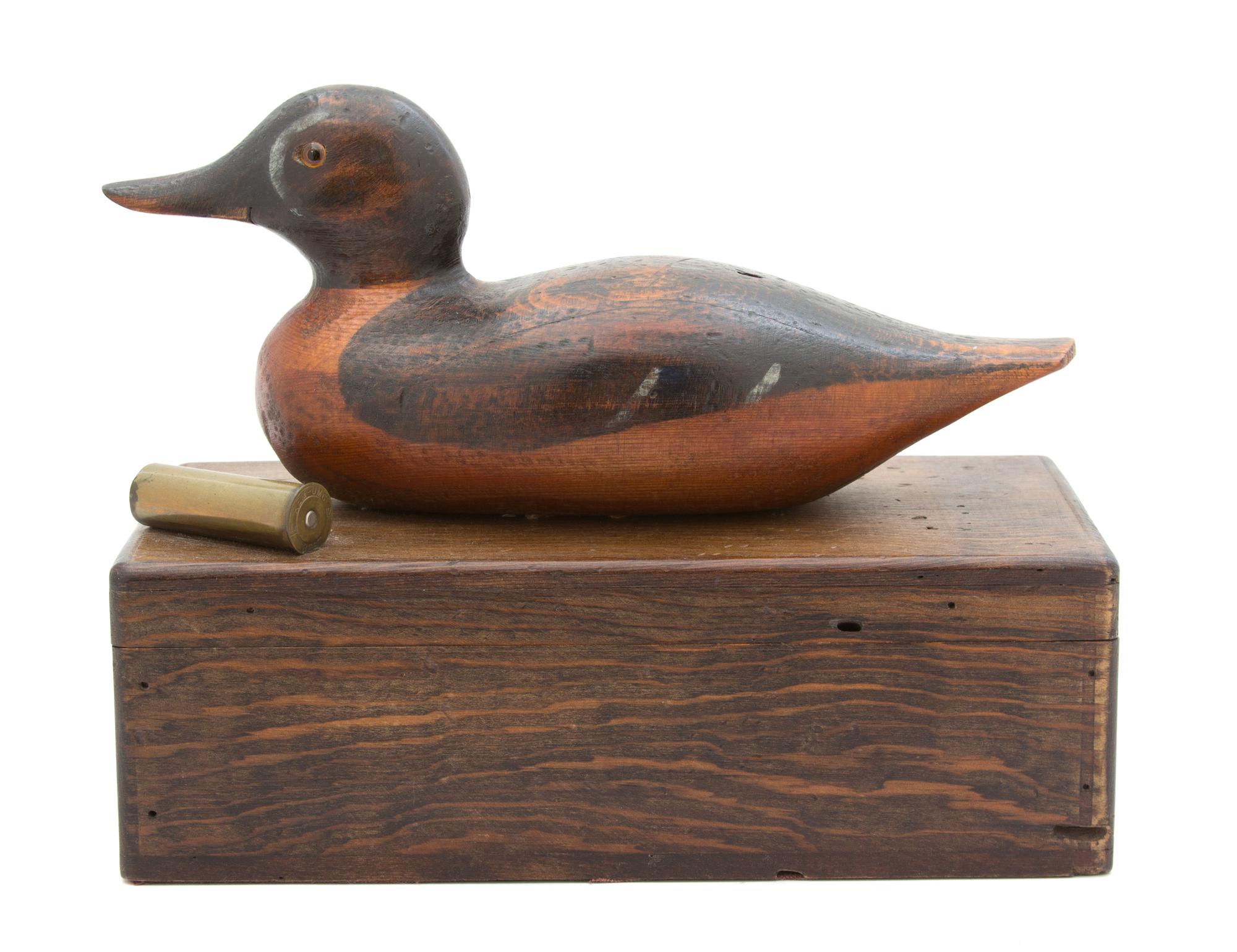 A Carved and Painted Wood Duck Mounted on a Cedar Lined Hinged Top Box Height 9 1/2 x width 12 x depth 6 inches. — 20TH CENTURY