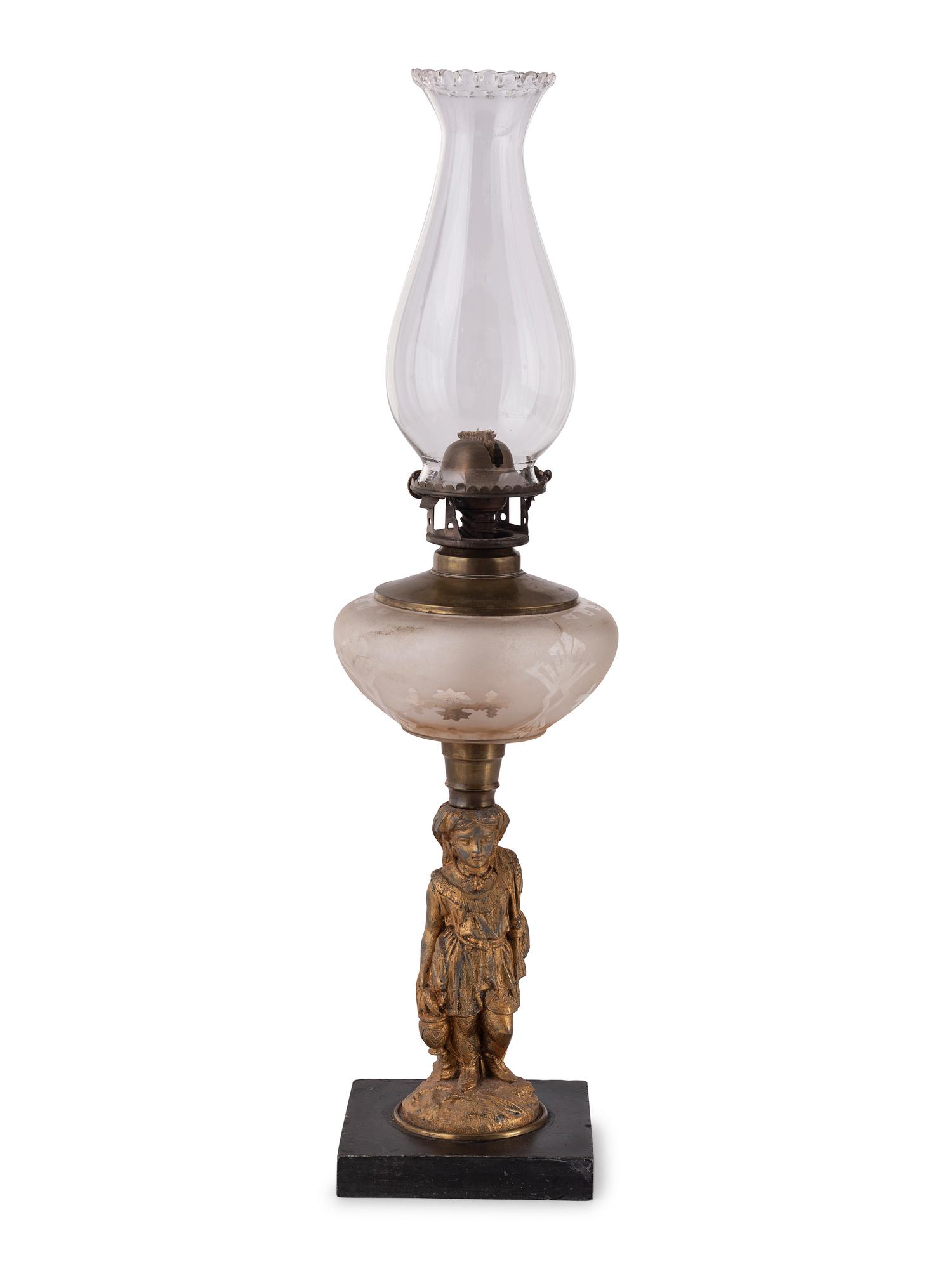 Four Gilt Metal and Glass Figural Oil Lamps