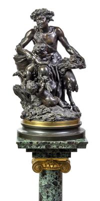 After Claude-Michel (Clodion), (French, 1738-1814), Satyre avec deux enfants, portant un tambour de basque charge de fruits