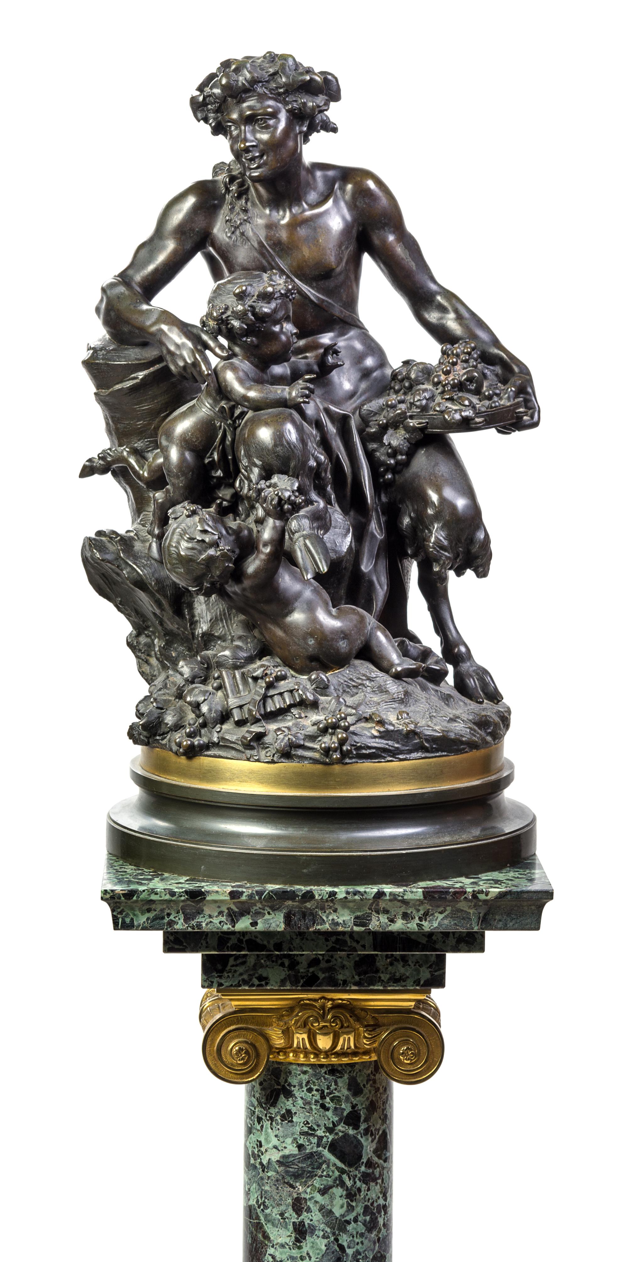 After Claude-Michel (Clodion), (French, 1738-1814), Satyre avec deux enfants, portant un tambour de basque charge de fruits