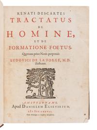 DESCARTES, Rene (1596-1650). Tractatus de Homine, et de Formatione Foetus. --Passiones Animae, per Renatum Descartes. --Specimina Philosphaiae: Seu Dissertatio de Methodo Rectè regendae rationis, & Veritatis in scientiis investigandae: Dioptrice, et Meteora. --Principia Philosophiae. --Meditationes de Prima Philosophia, In quibus Dei Existentia, & Animӕ humanӕ à corpore Distinctio, demonstrantur. 1678. --Appendix, Continens Objectiones Quintas & Septimas In Renati Descartes Meditationes De Prima Philosophia. Amsterdam: Daniel Elzevir, 1677, 1678.