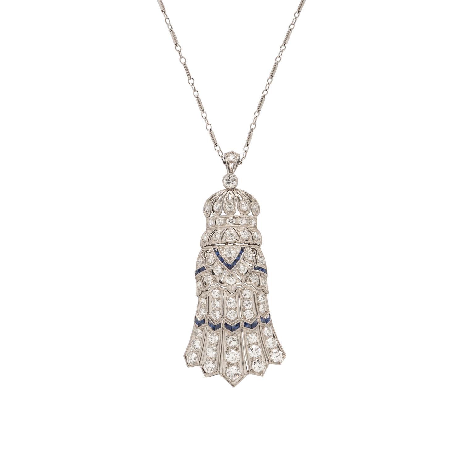 DIAMOND AND SYNTHETIC SAPPHIRE PENDANT/BROOCH NECKLACE