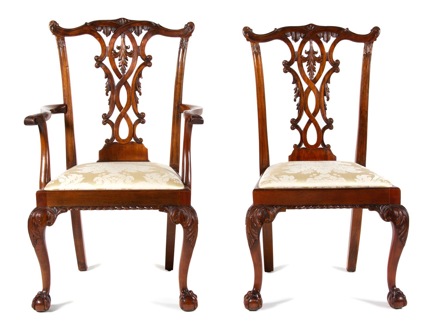 A Set of Eight George II Style Carved Mahogany Dining Chairs Height 41 1/2 inches. — EARLY 20TH CENTURY