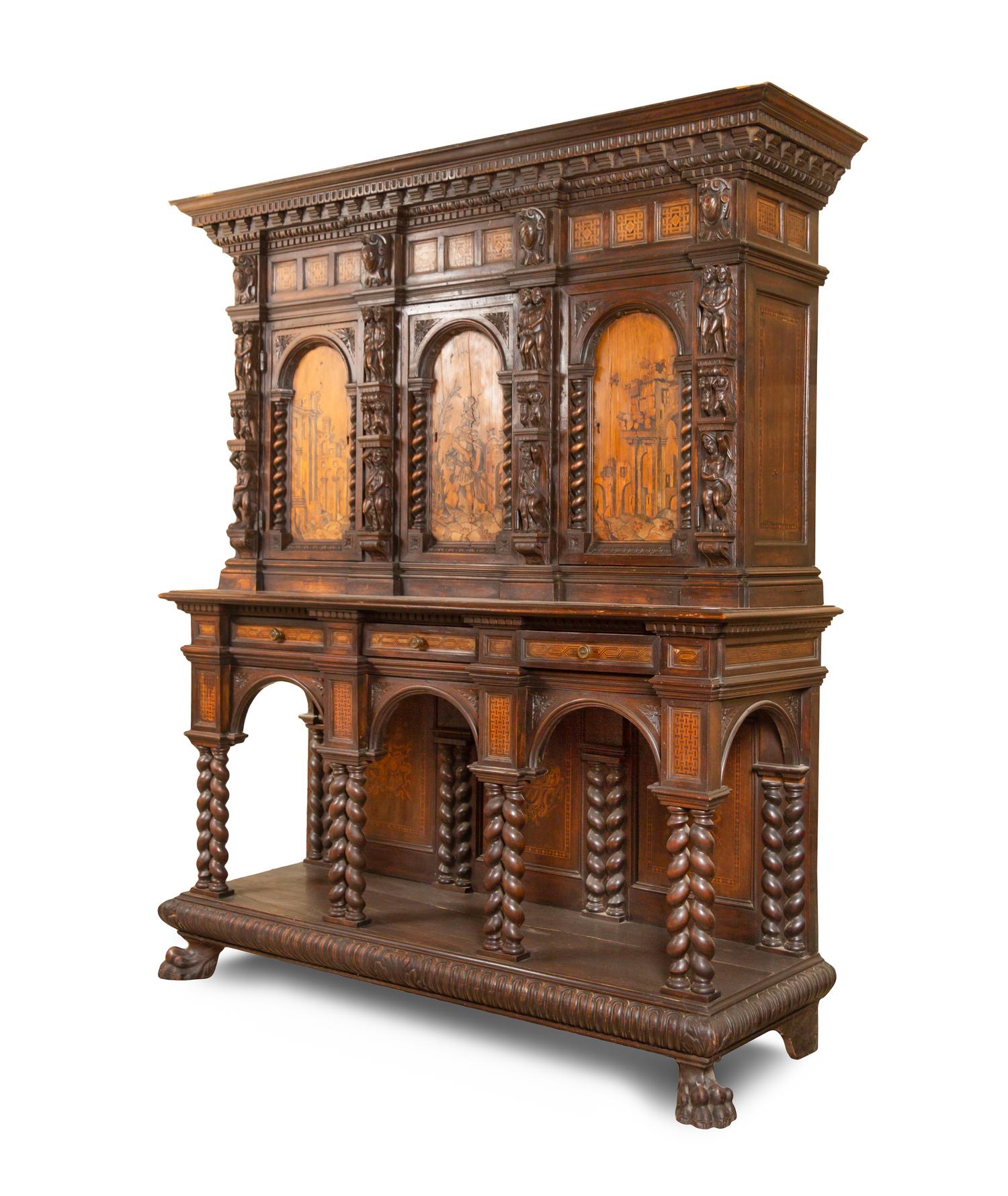 An Italian Baroque Style Carved Walnut and Marquetry Cabinet on Stand