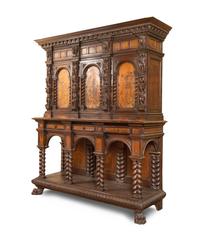 An Italian Baroque Style Carved Walnut and Marquetry Cabinet on Stand