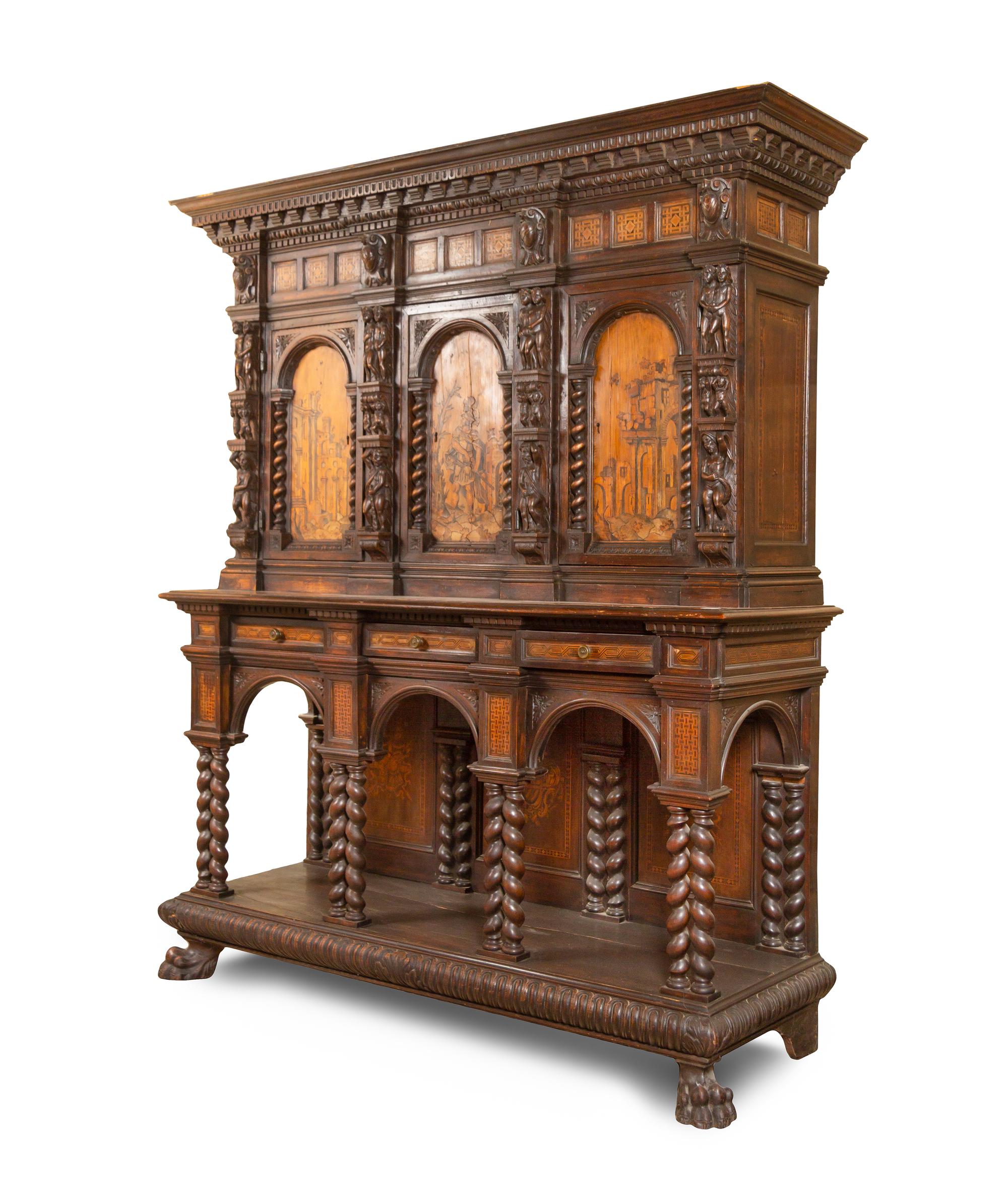 An Italian Baroque Style Carved Walnut and Marquetry Cabinet on Stand