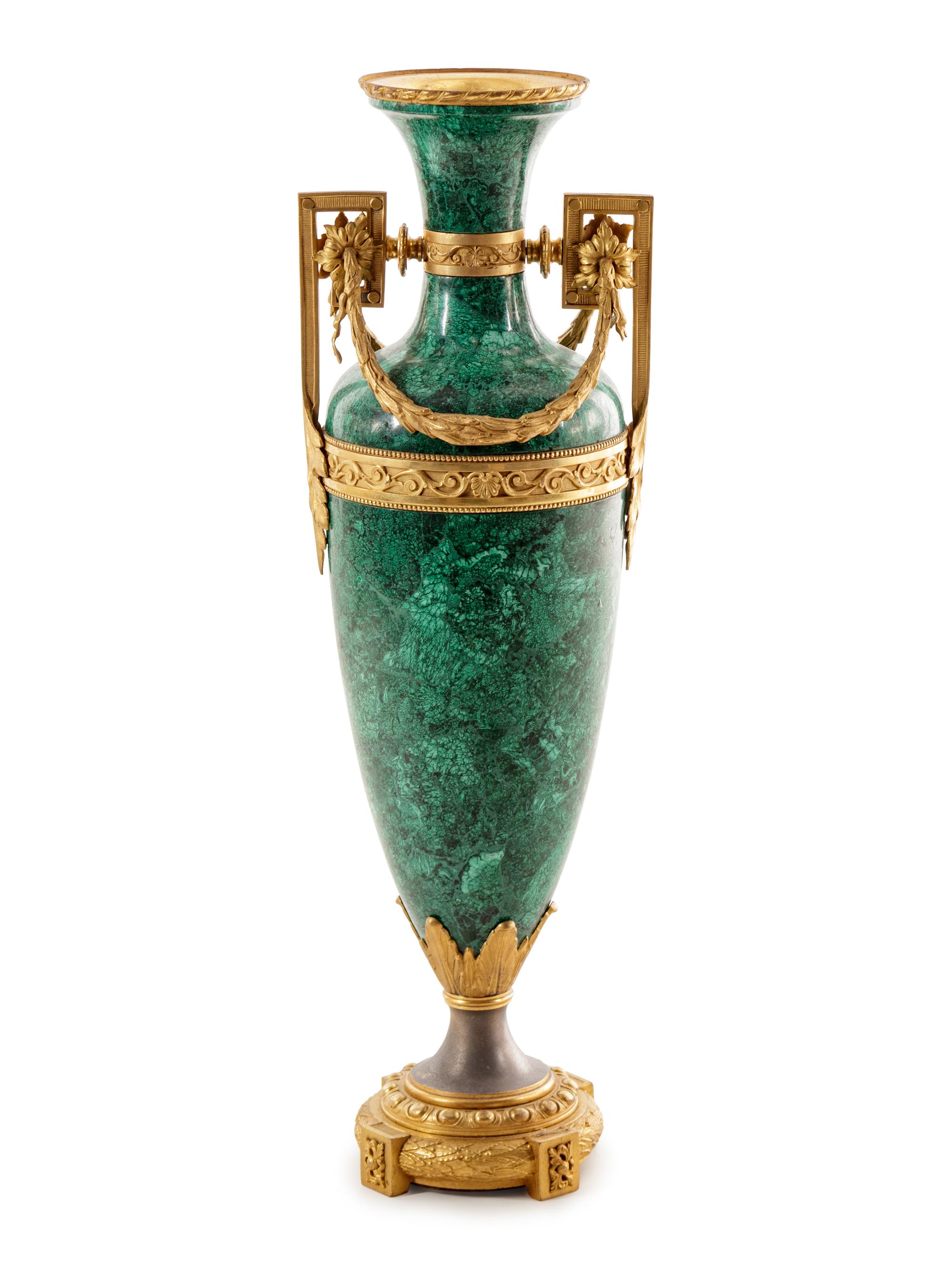 A Louis XVI Style Gilt Metal Mounted Malachite Veneered Urn