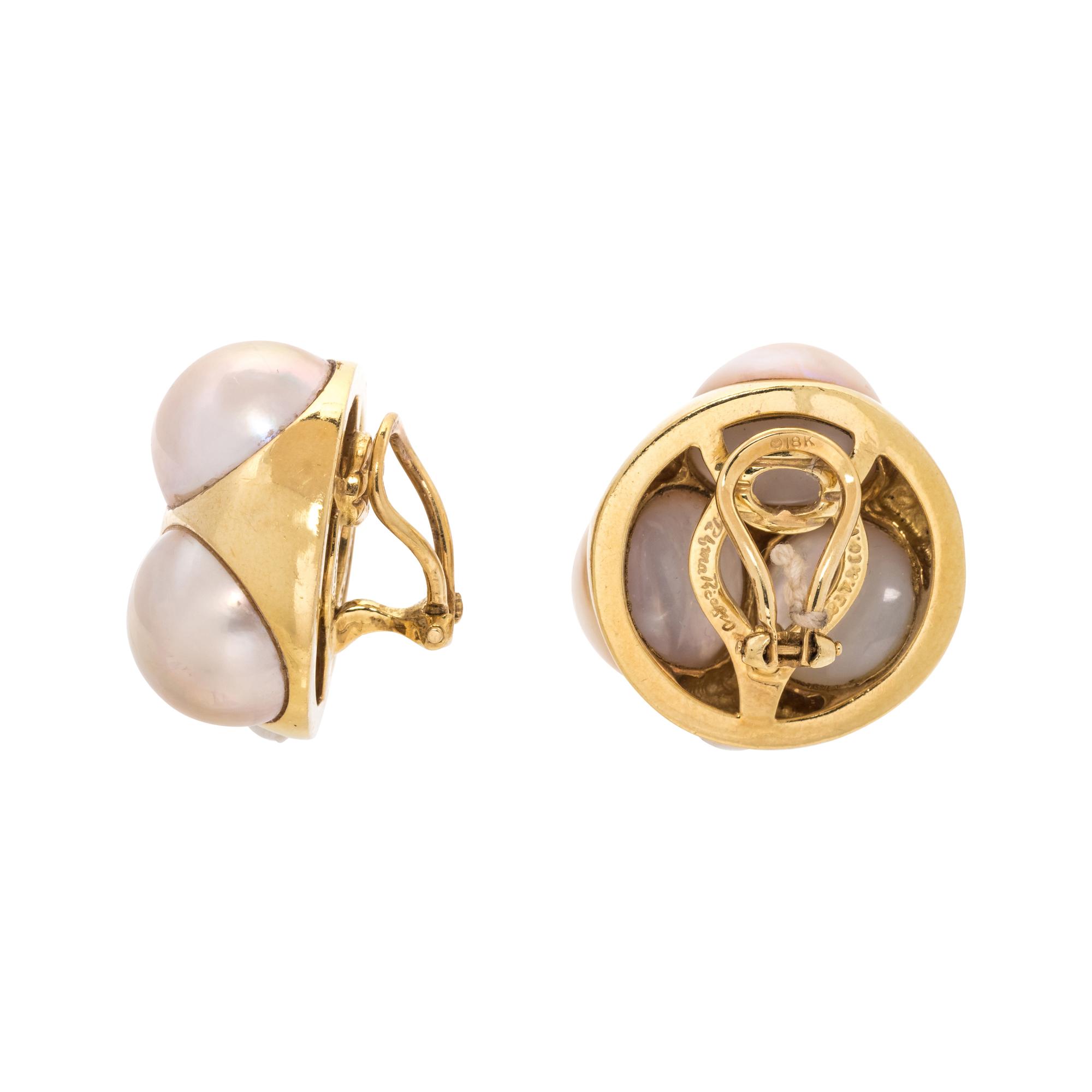 TIFFANY & CO., PALOMA PICASSO, YELLOW GOLD AND CULTURED MABE PEARL EARCLIPS
