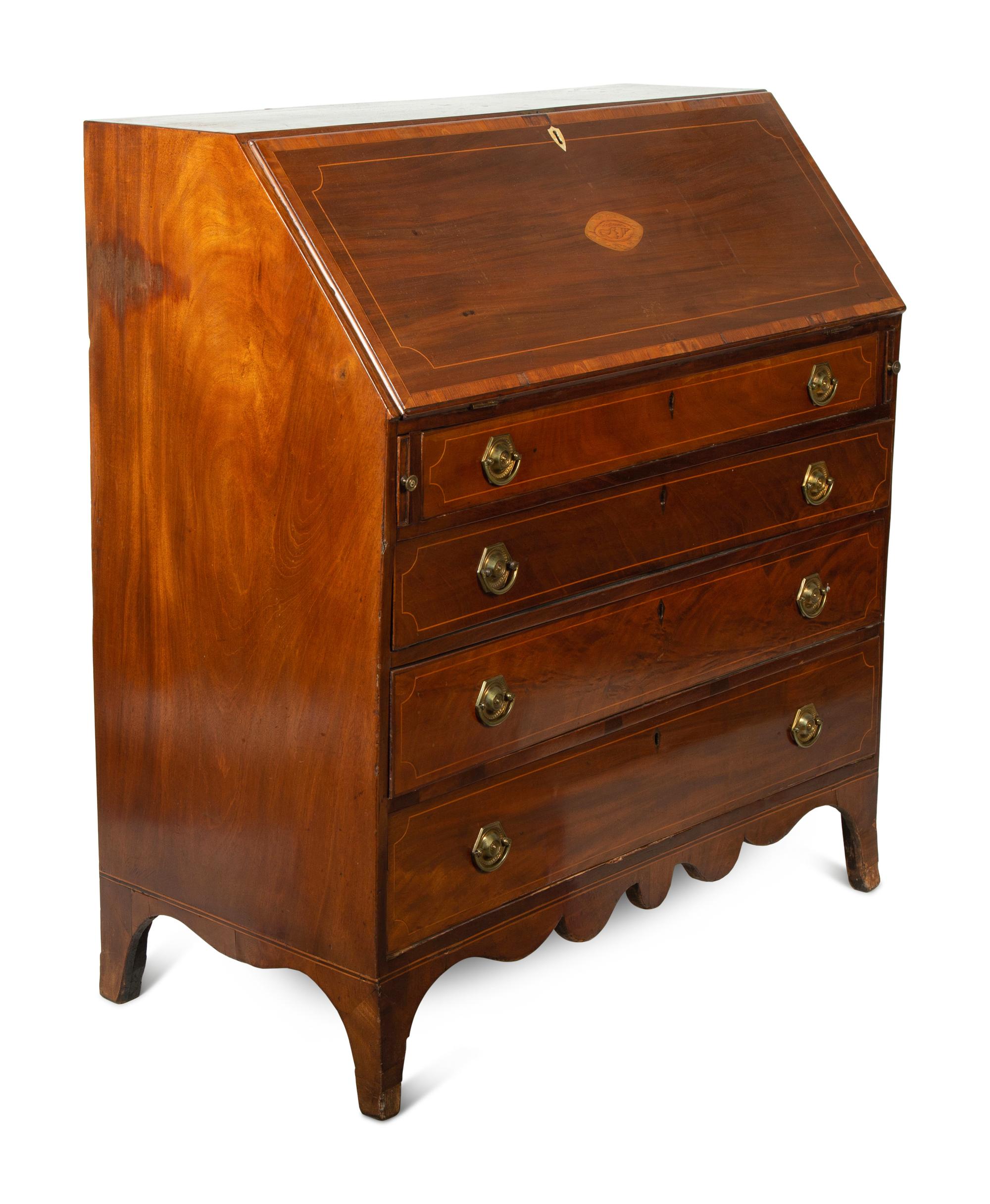 A George III Mahogany and Marquetry Slant-Front Bureau