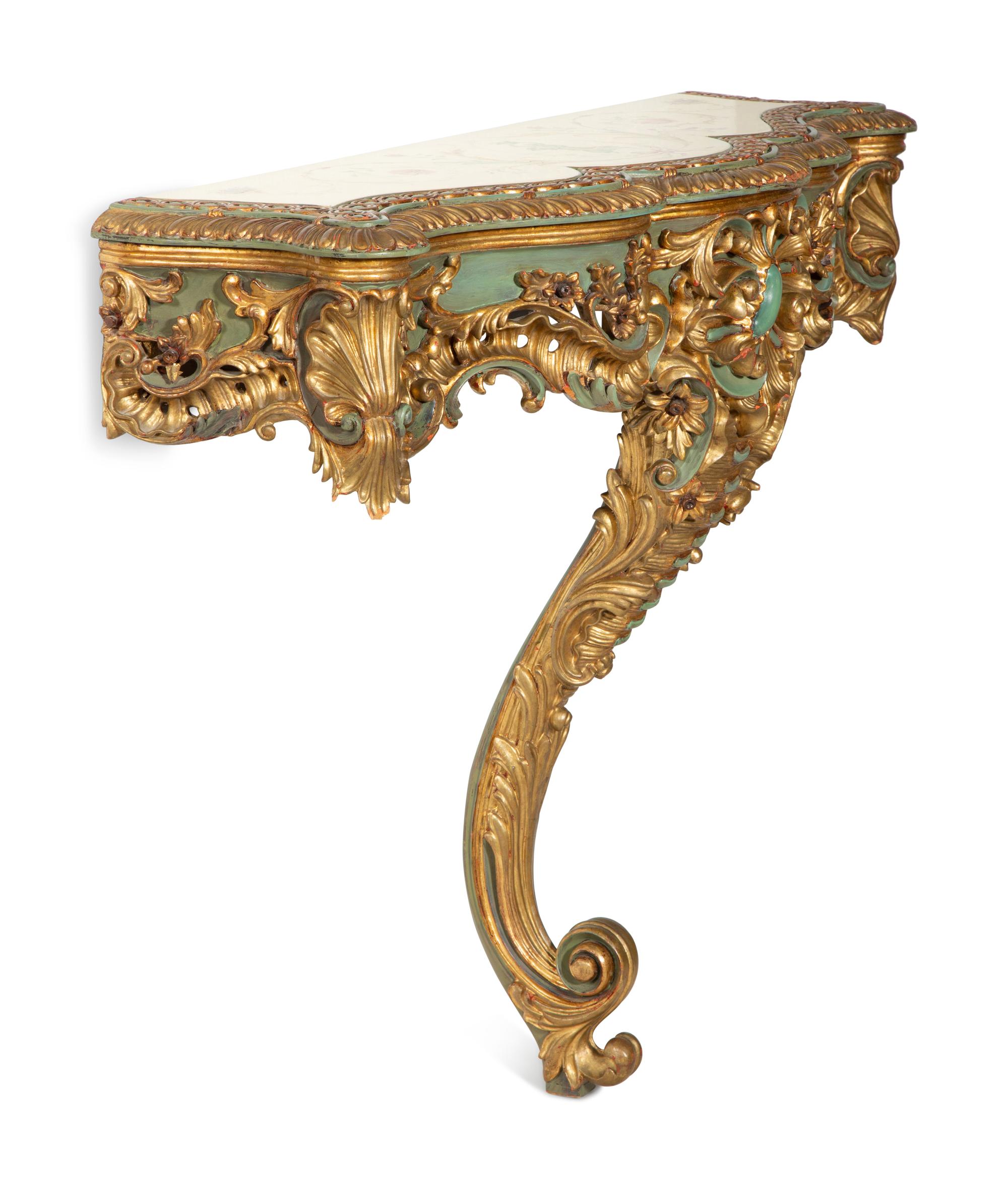 A Pair of Italian Painted and Parcel Gilt Console Tables