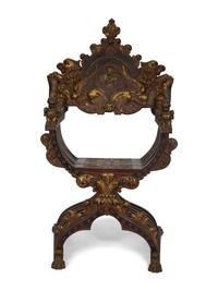 An Italian Painted and Parcel Gilt Savonarola Armchair