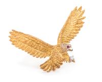 An 18 Karat Yellow Gold, Diamond and Ruby Eagle Brooch,