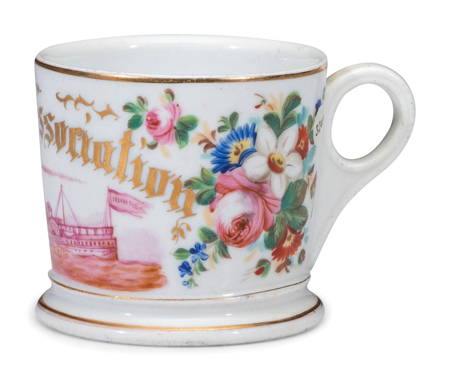 A Porcelain Shaving Mug Depicting a Hudson River Paddle Wheeler