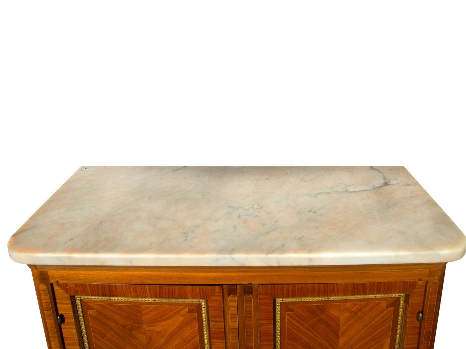 A Louis XVI Style Gilt Bronze Mounted Tulipwood Marble-Top Cabinet