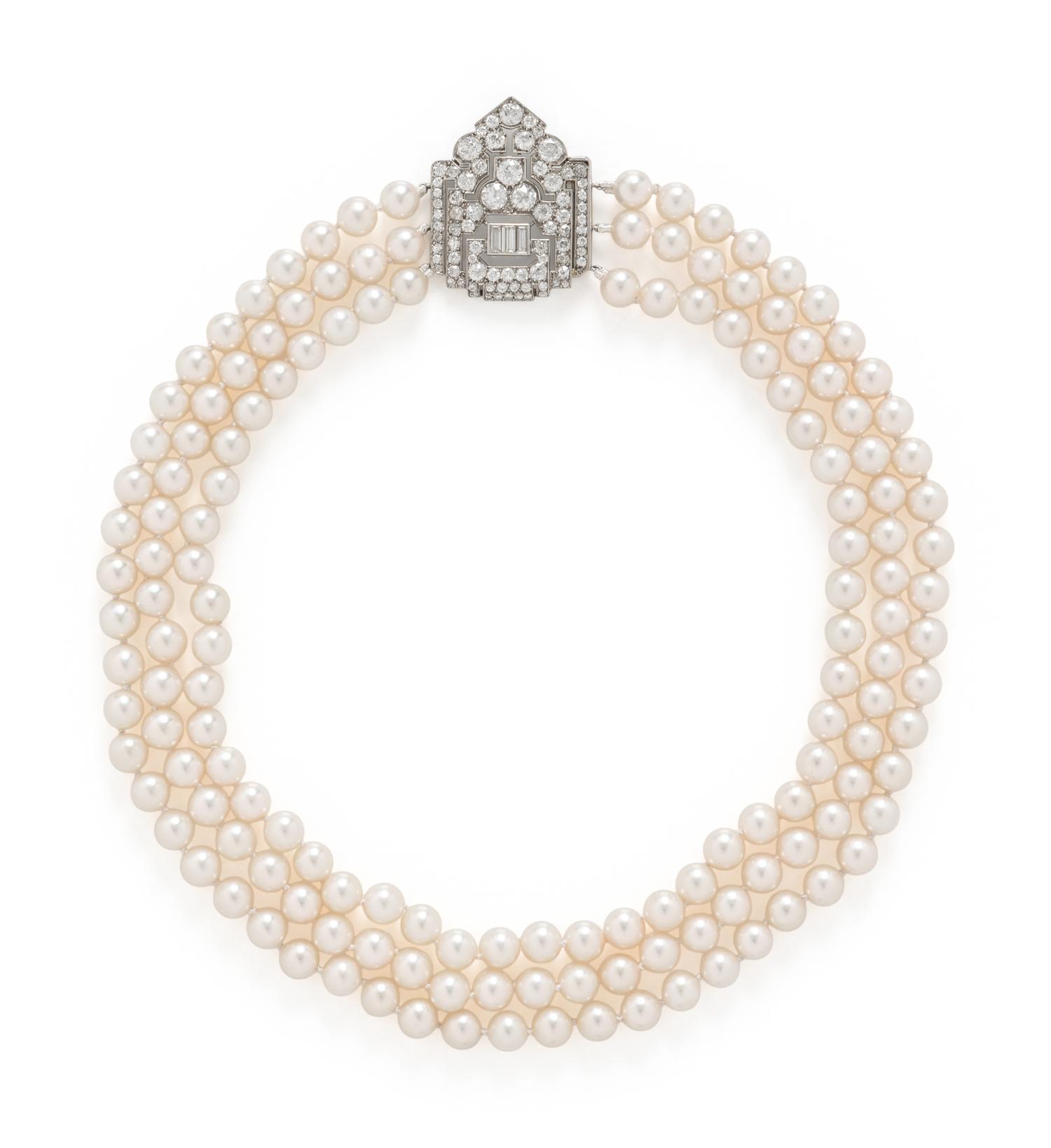 ART DECO, TRIPLE STRAND CULTURED PEARL AND DIAMOND NECKLACE