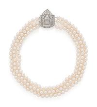 ART DECO, TRIPLE STRAND CULTURED PEARL AND DIAMOND NECKLACE