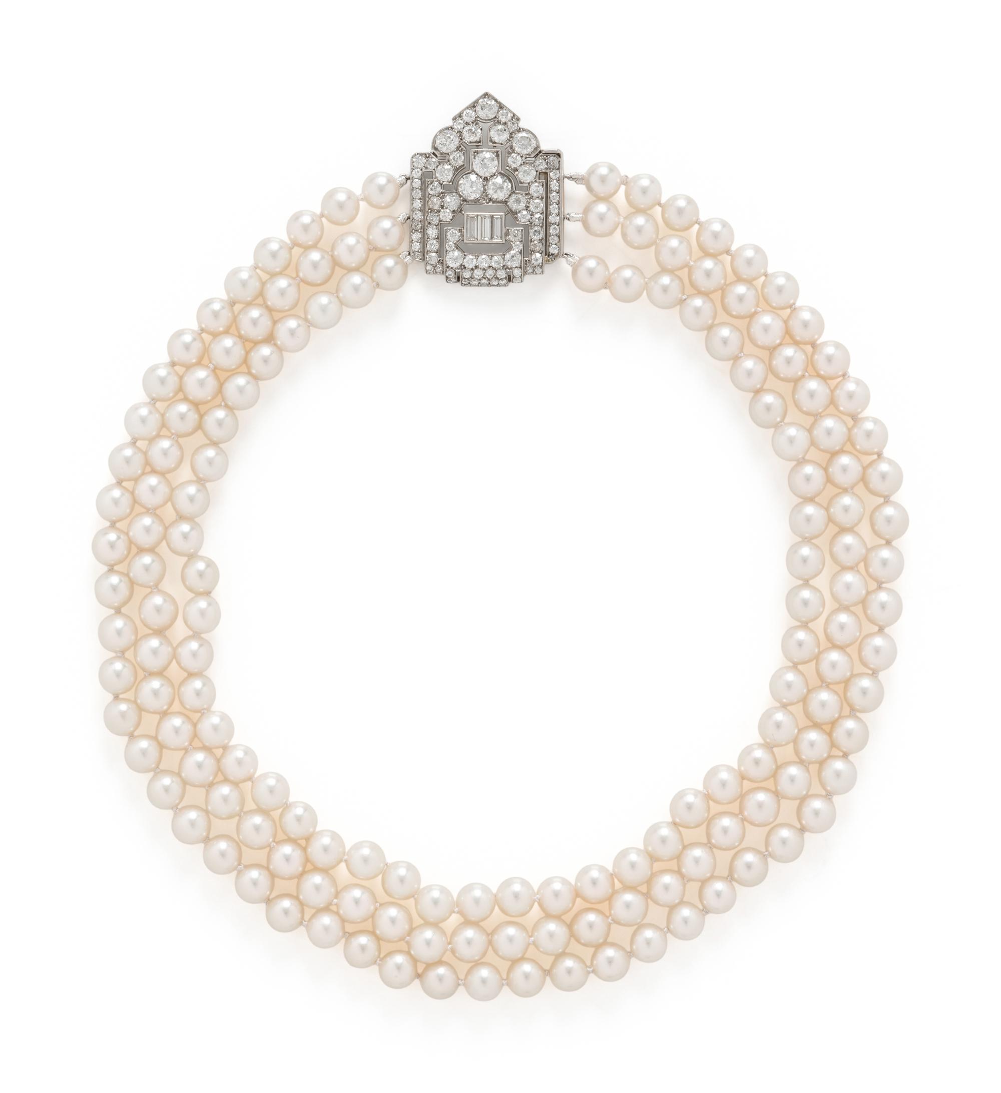 ART DECO, TRIPLE STRAND CULTURED PEARL AND DIAMOND NECKLACE