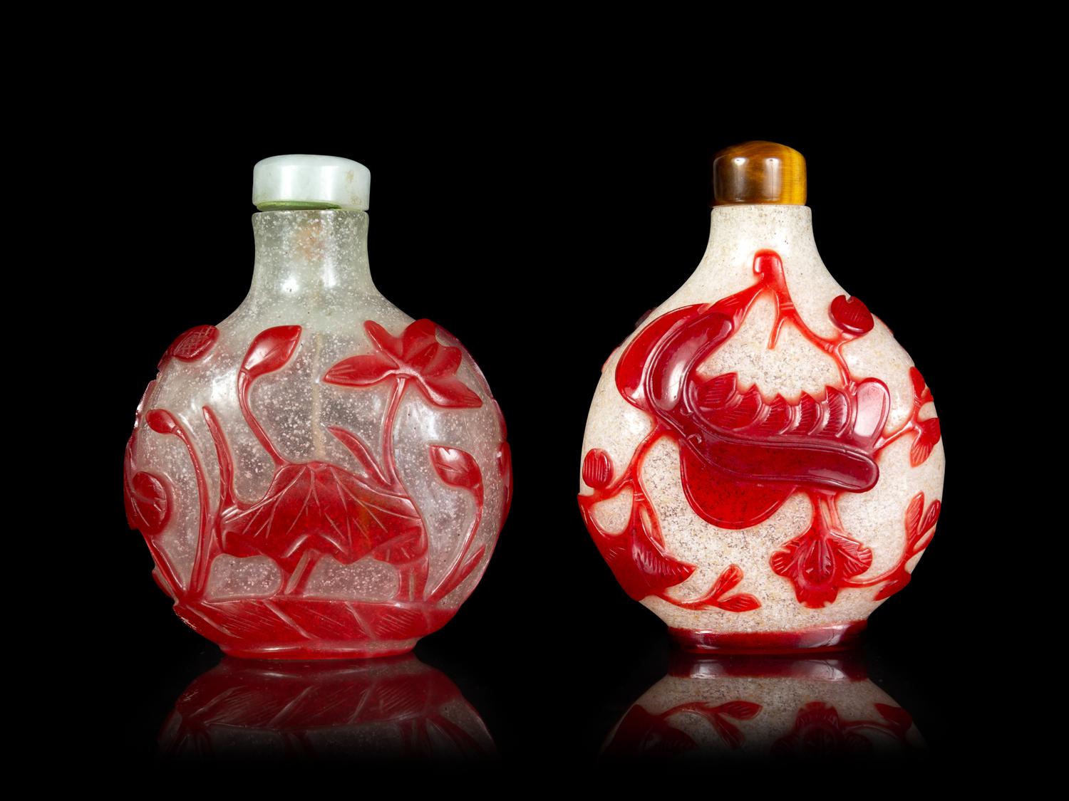 Two Chinese Red Overlay 'Snowflake' Ground Glass Snuff Bottles
