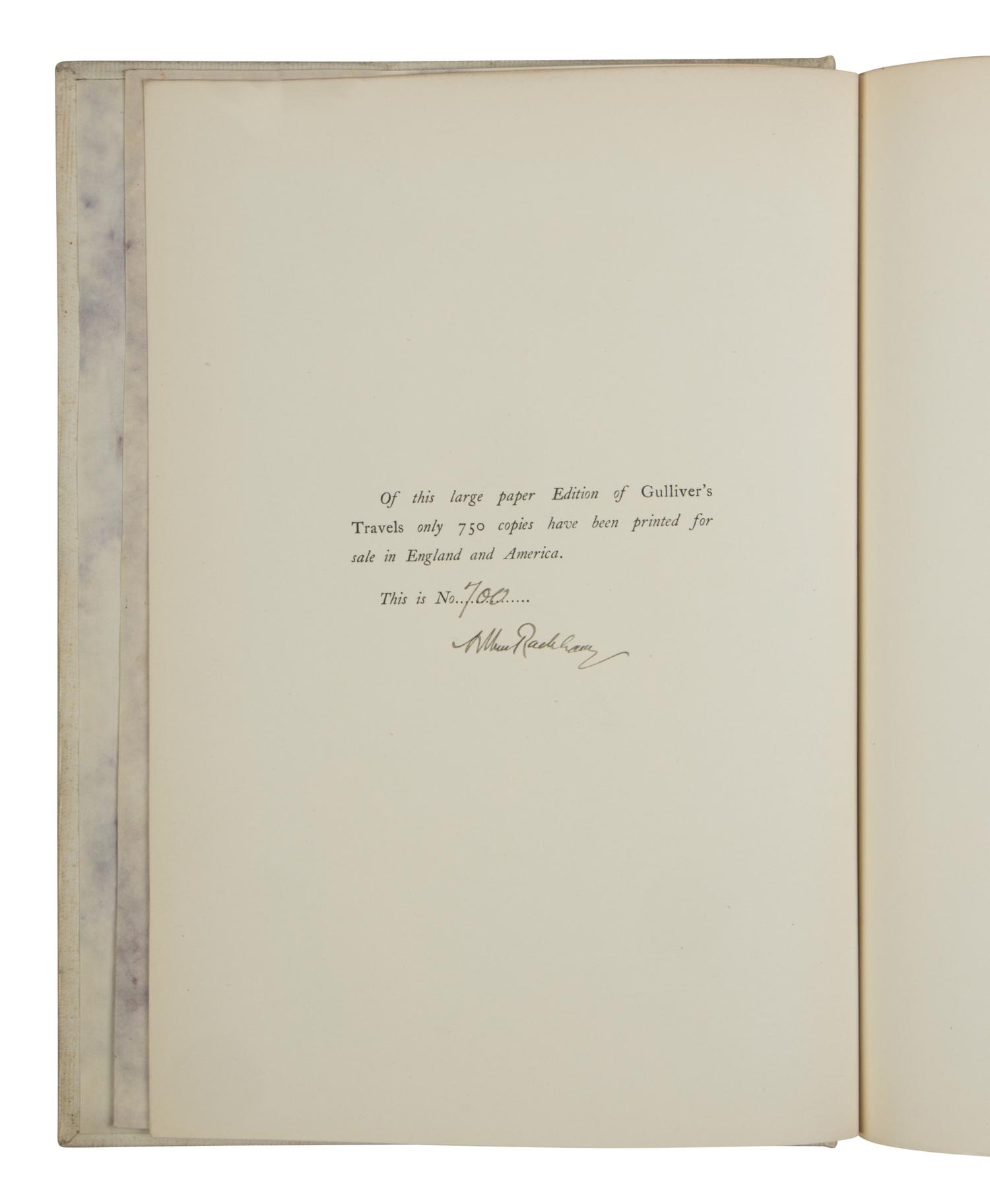 [RACKHAM, Arthur (1867-1939), illustrator]. SWIFT, Jonathan (1667-1745). Gulliver’s Travels into Several Remote Nations of the World . London and New York: J. M. Dent & Co. and E. P. Dutton & Co., 1909.