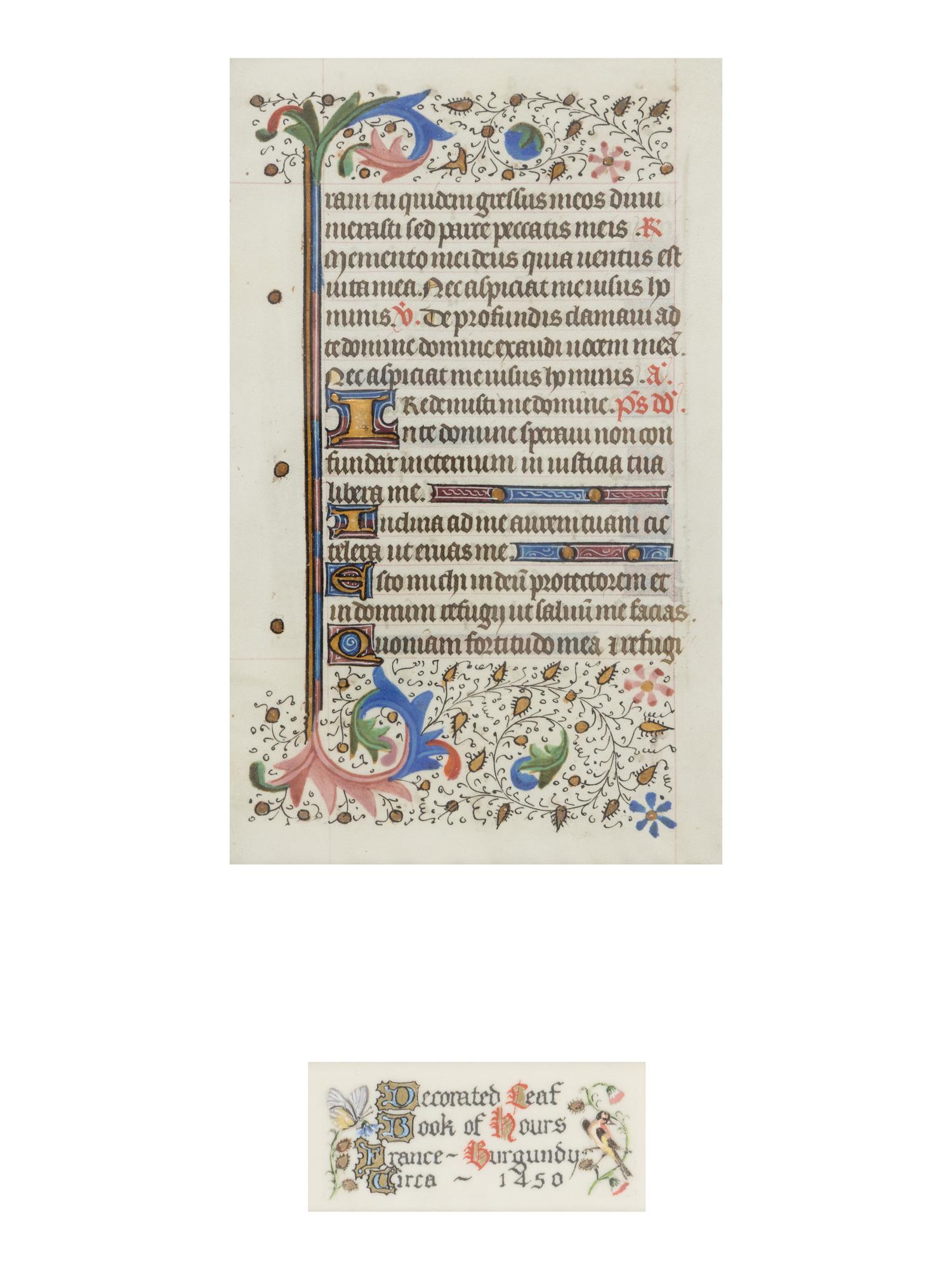 BURGUNDIAN ILLUMINATOR A leaf from a Book of Hours, with illuminated initials, in Latin, illuminated manuscript on parchment [France, probably Burgundy, c. 1450]