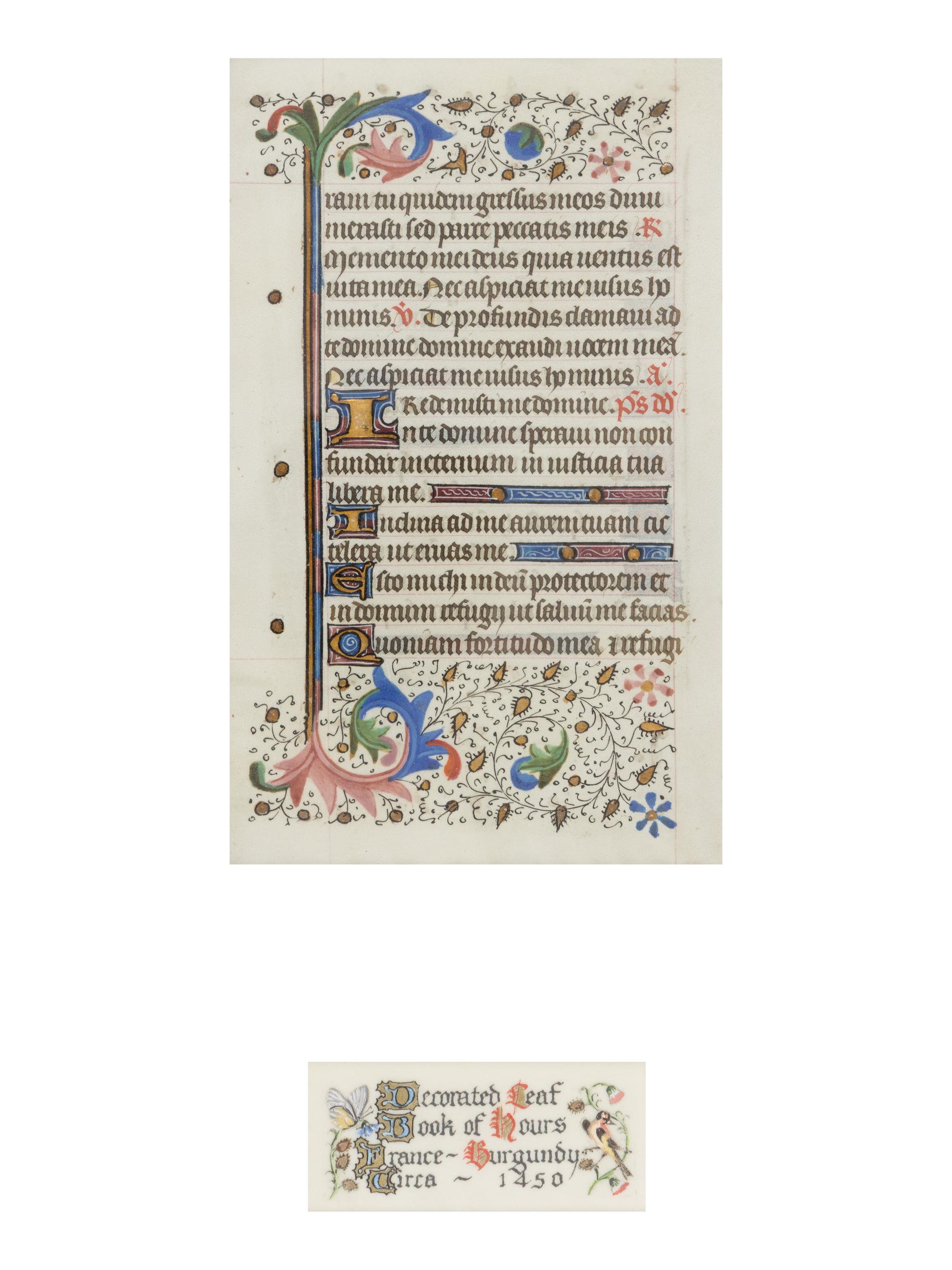 BURGUNDIAN ILLUMINATOR A leaf from a Book of Hours, with illuminated initials, in Latin, illuminated manuscript on parchment [France, probably Burgundy, c. 1450]