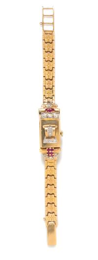 A Retro 14 Karat Yellow Gold, Diamond and Ruby Surprise Wristwatch, Tempus, 19.50 dwts.