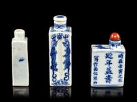 Three Chinese Blue and White Rectangular Form Snuff Bottles