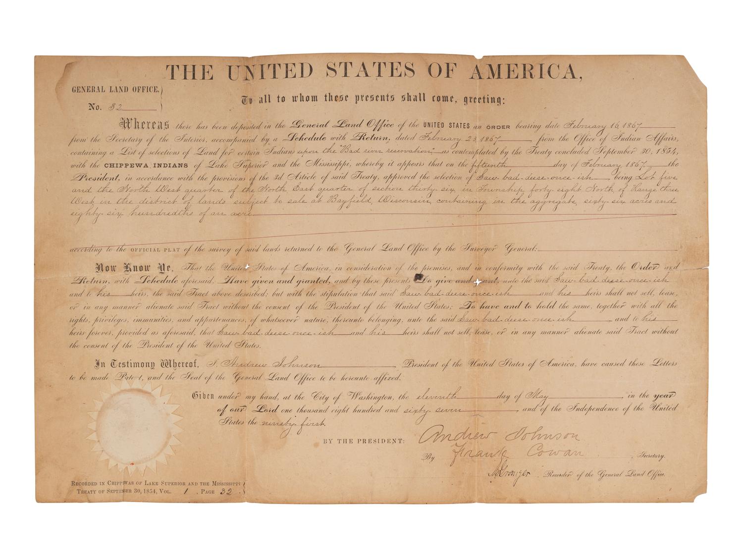 [NATIVE AMERICAN]. ARMSTRONG, Charles D. (1866-1931). Papers of Charles D. Armstrong of the Bad River Band of the Lake Superior Tribe of Chippewa Indians, including letters, documents, maps, and photographs.