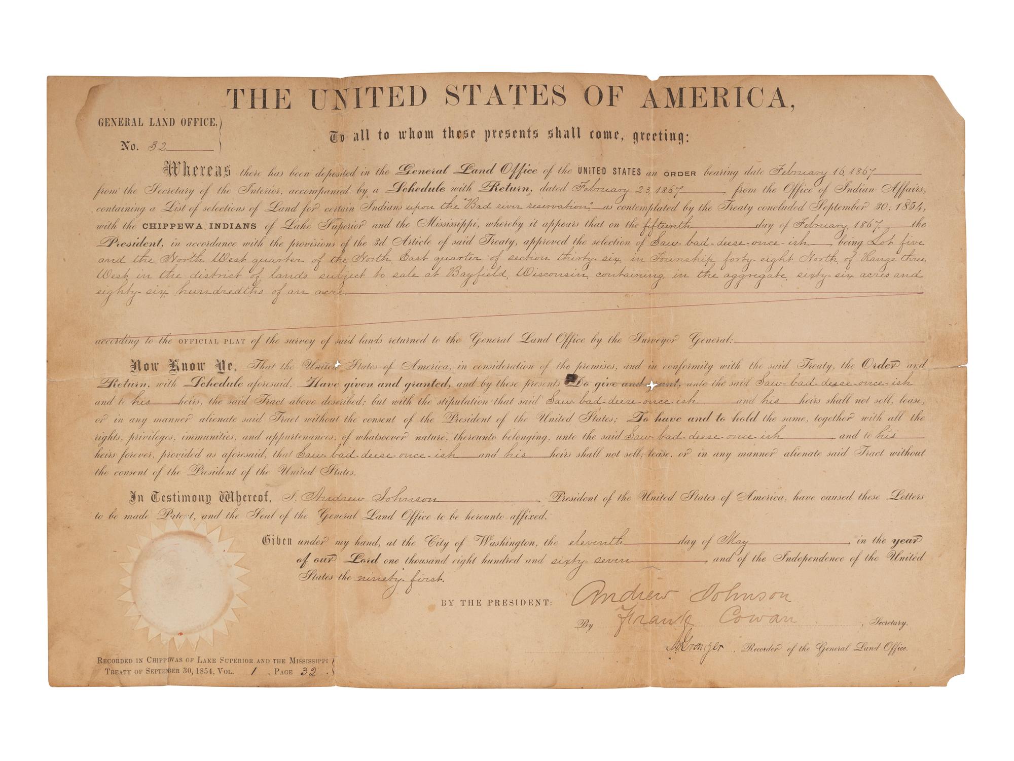 [NATIVE AMERICAN]. ARMSTRONG, Charles D. (1866-1931). Papers of Charles D. Armstrong of the Bad River Band of the Lake Superior Tribe of Chippewa Indians, including letters, documents, maps, and photographs.
